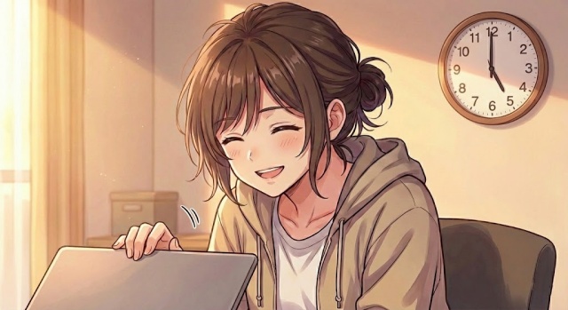 定時で仕事を終えて嬉しそうにノートPCを閉じている様子