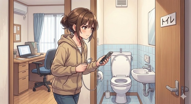 スマホの充電場所をトイレに移動しようとしている画像