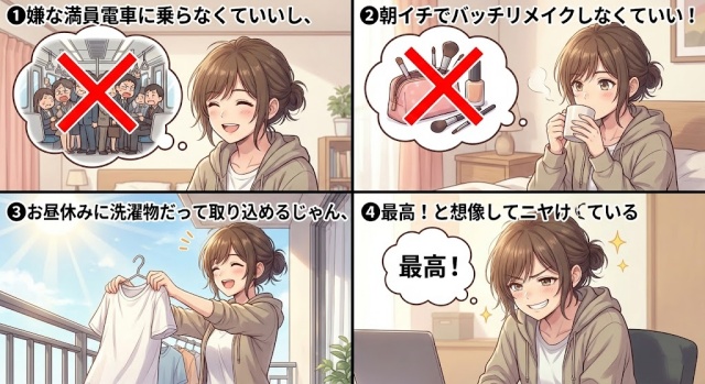 在宅ワークの理想にウキウキするようすを描いた4コマ漫画