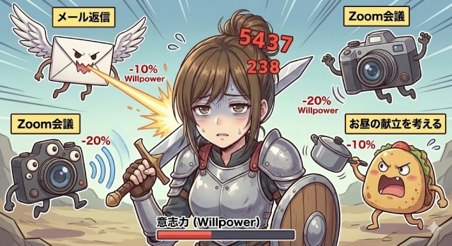 「メール返信」「Zoom会議」「お昼の献立を考える」というモンスターから攻撃を受けて意志力が-10%、-20%、-10%と減っている画像