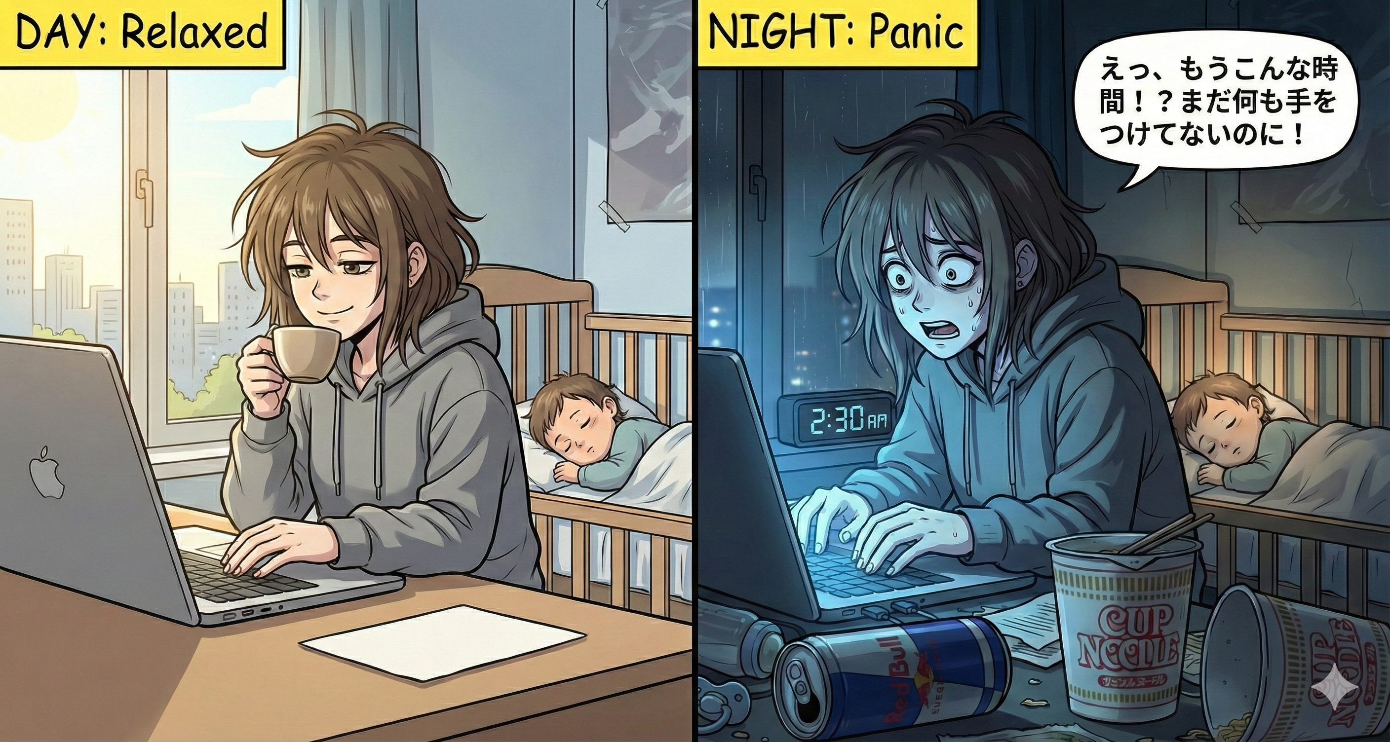 余裕な状態からパニックに陥ちる女性のイラスト