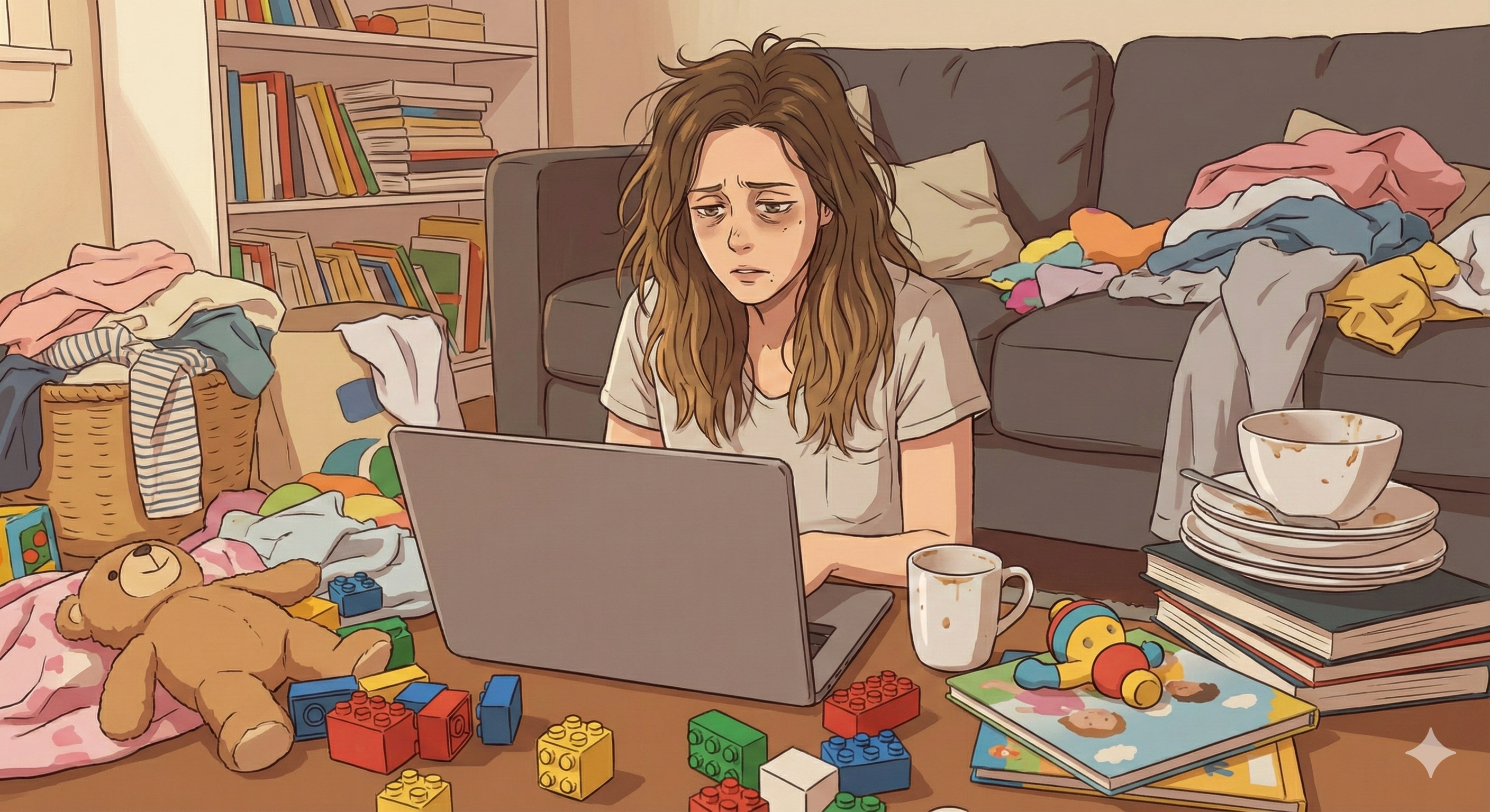 在宅ワークの修正依頼に悩み、家事育児の合間に頭を抱えるママ