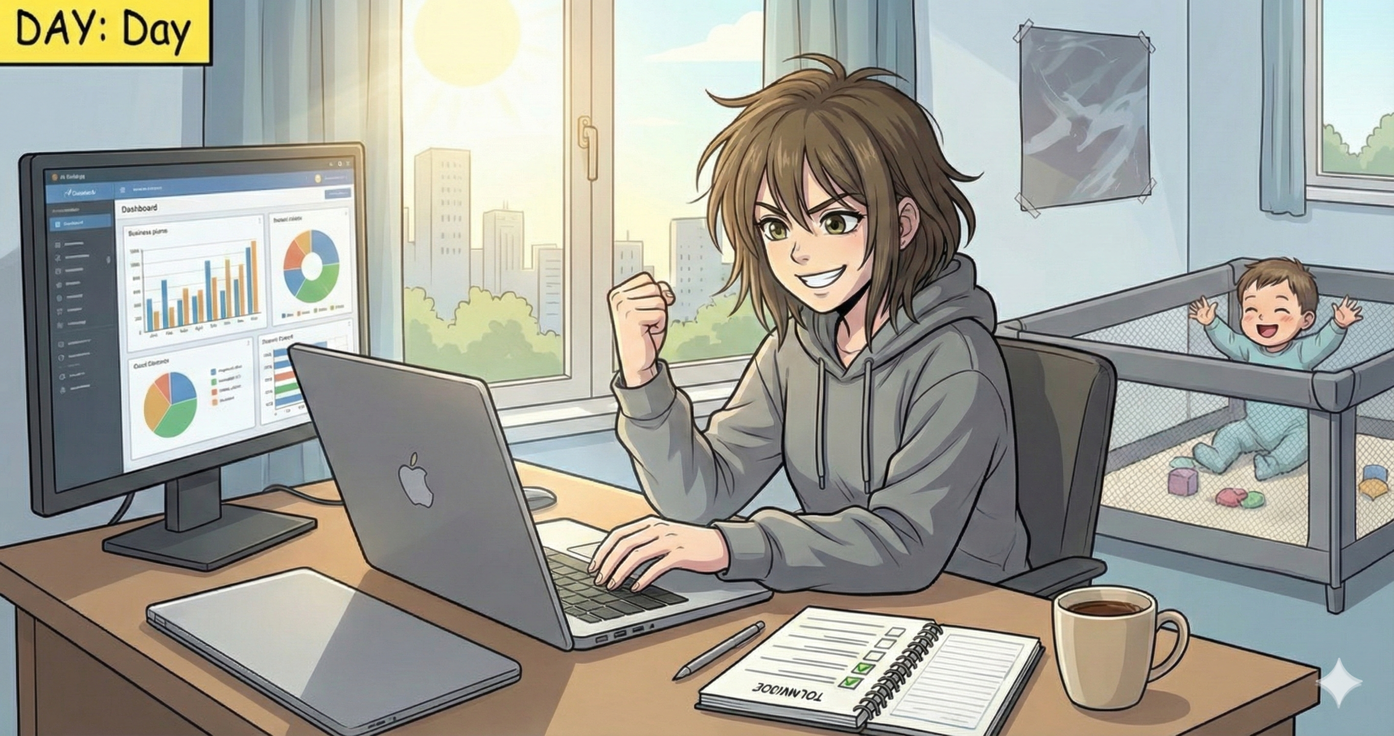 ガッツポーズを決めるバリバリの在宅ワークママのイラスト