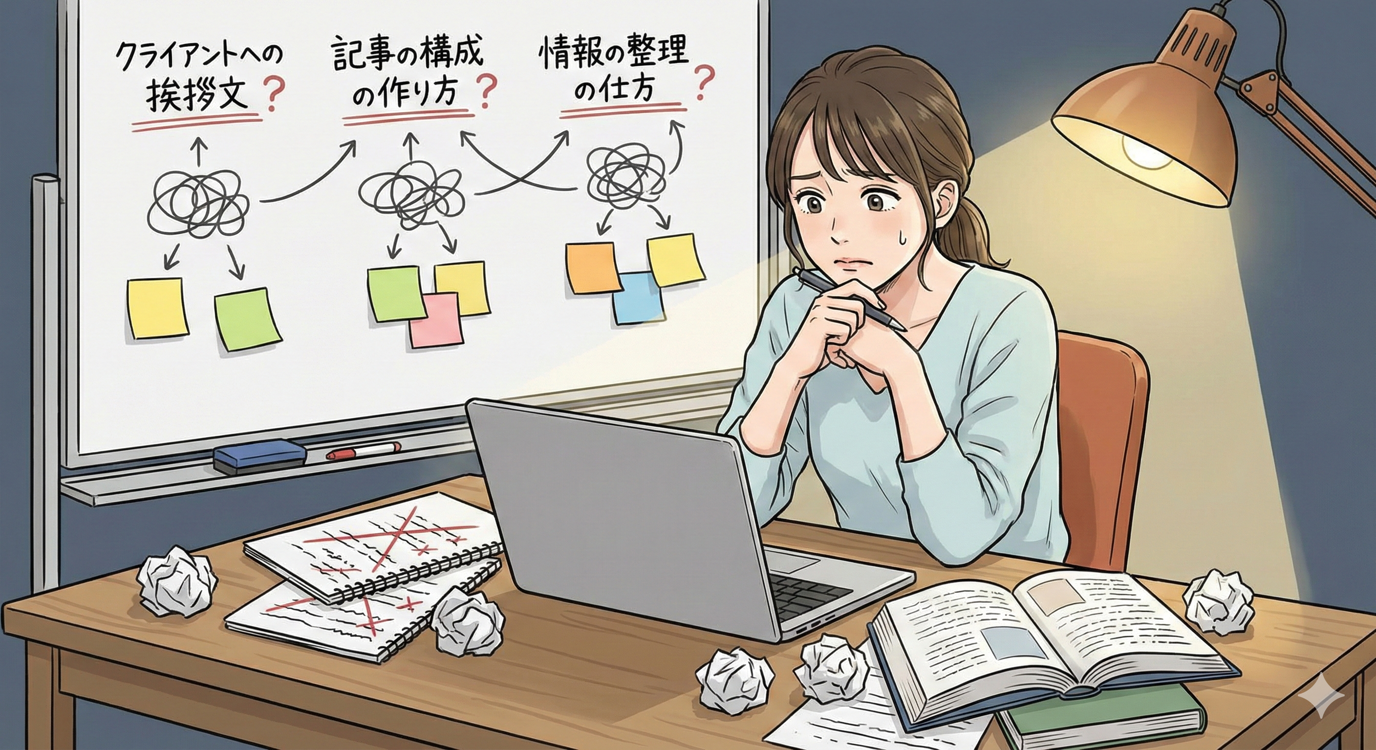 「クライアントへの挨拶文」「記事の構成の作り方」 「情報の整理の仕方」 をどうすべきか悩む女性のイラスト
