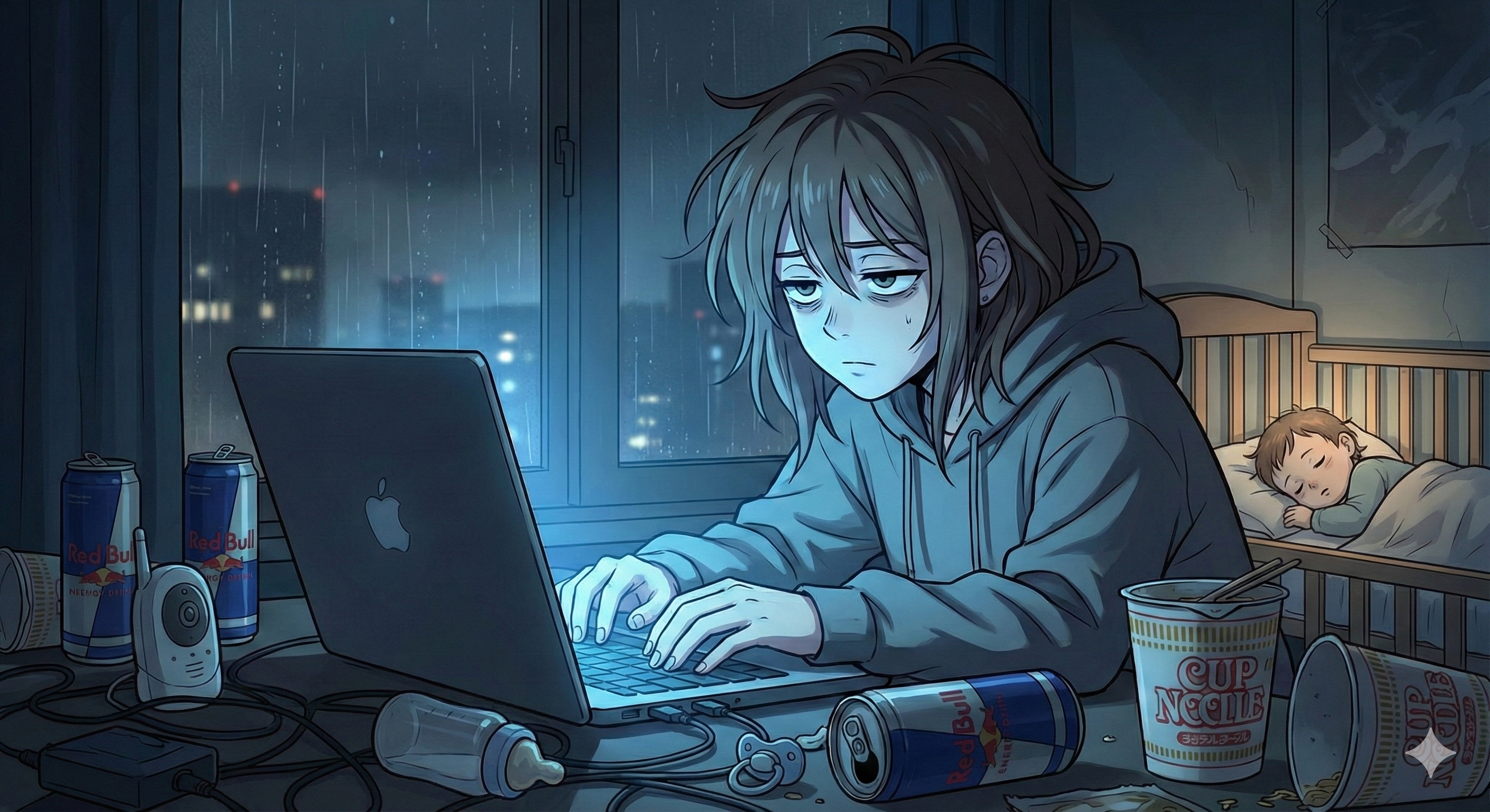 子供を寝かしつけた後も副業をする女性