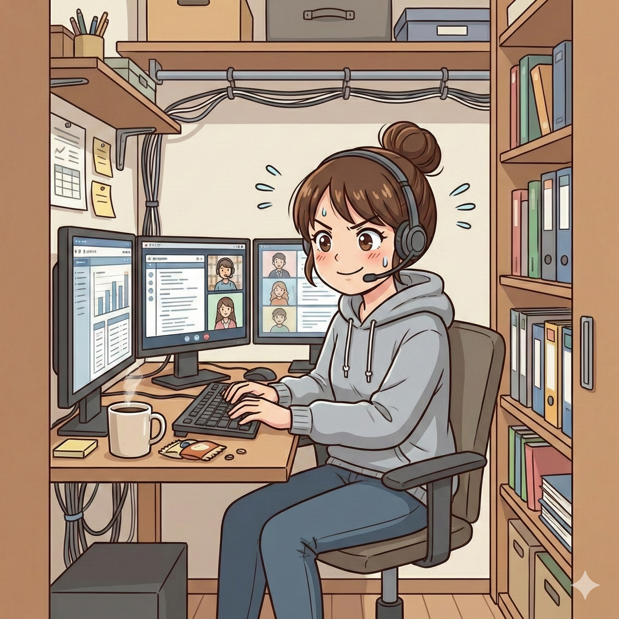 テレワーク用に作り上げたクローゼットの中でバリバリに働く女性のイラスト