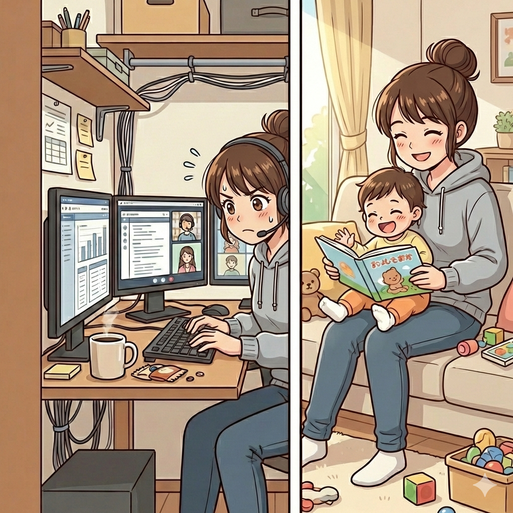 普段は忙しいが、仕事が終わると優しいママに戻るイラスト