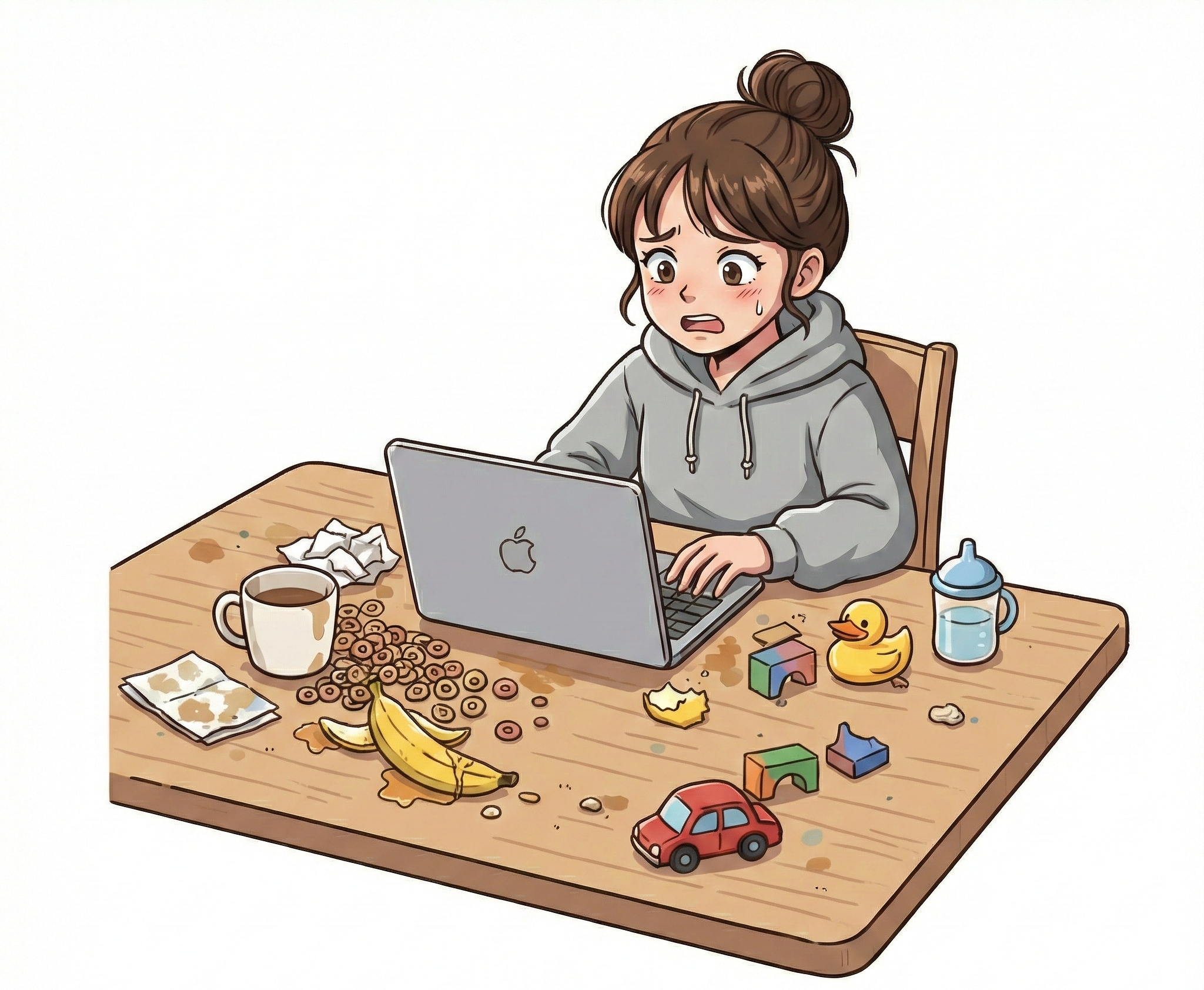 ダイニングテーブルで作業場所を確保できず困惑するママの様子