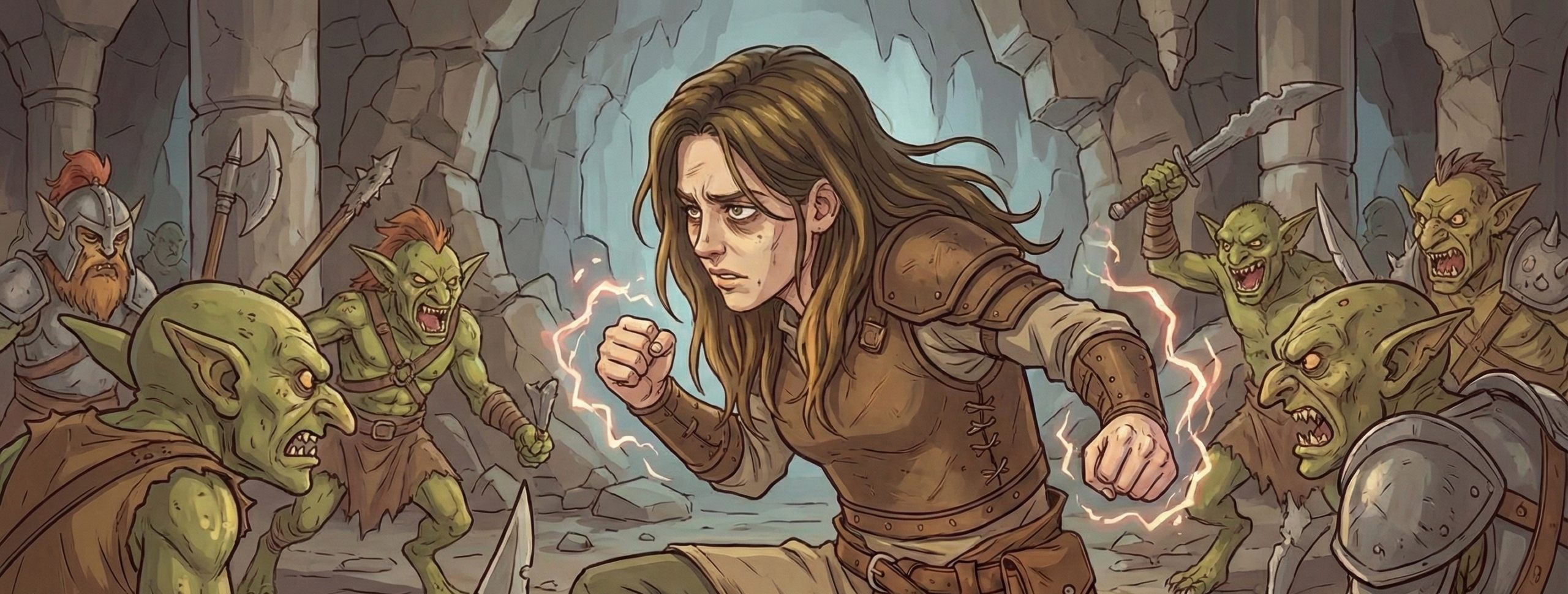 素手でゴブリンを倒そうとする女性