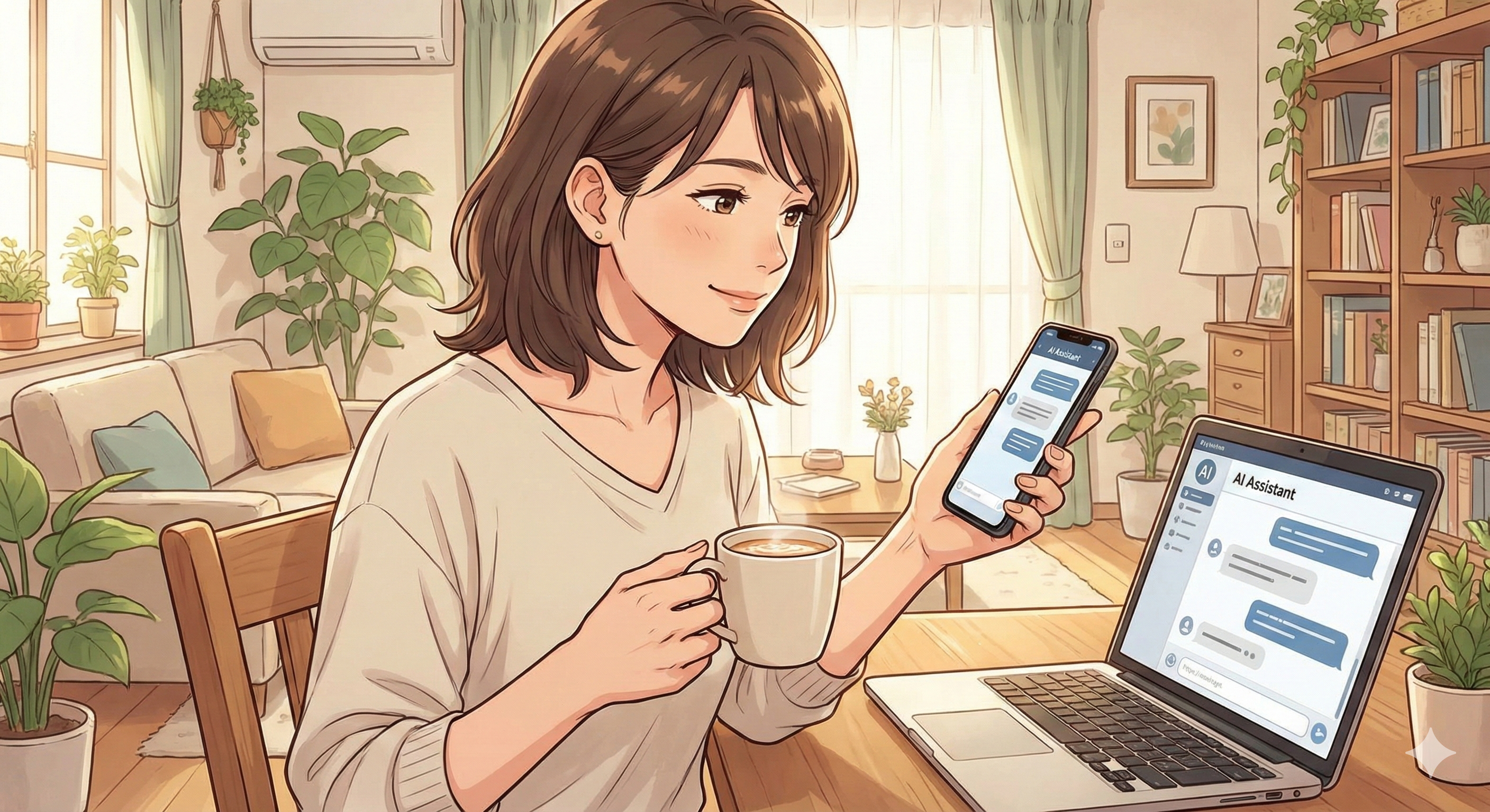 スマホとパソコンでやり取りする女性