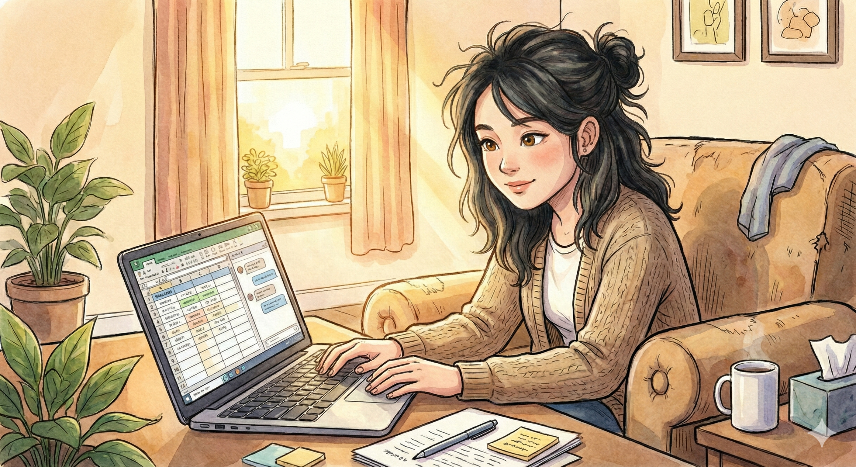 順調な様子で仕事に取り組む女性のイラスト