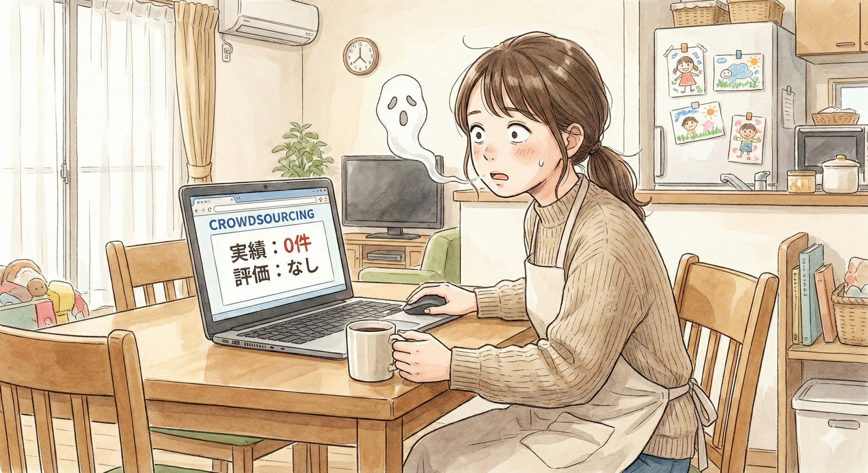 クラウドソーシングのサイトを見て、実績が0の状態に放心する女性