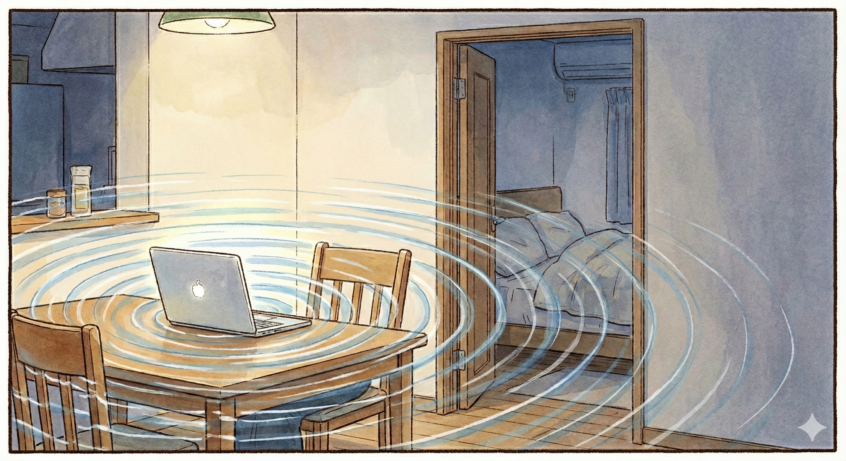 キーボードの打鍵音がデスクを通じて床や壁に伝わるイメージ図