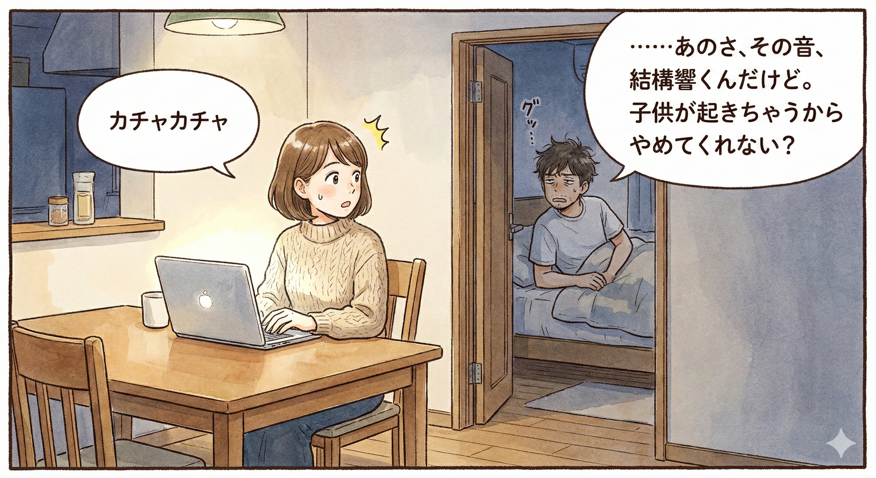 妻のキーボード音に夫が起きるイラスト