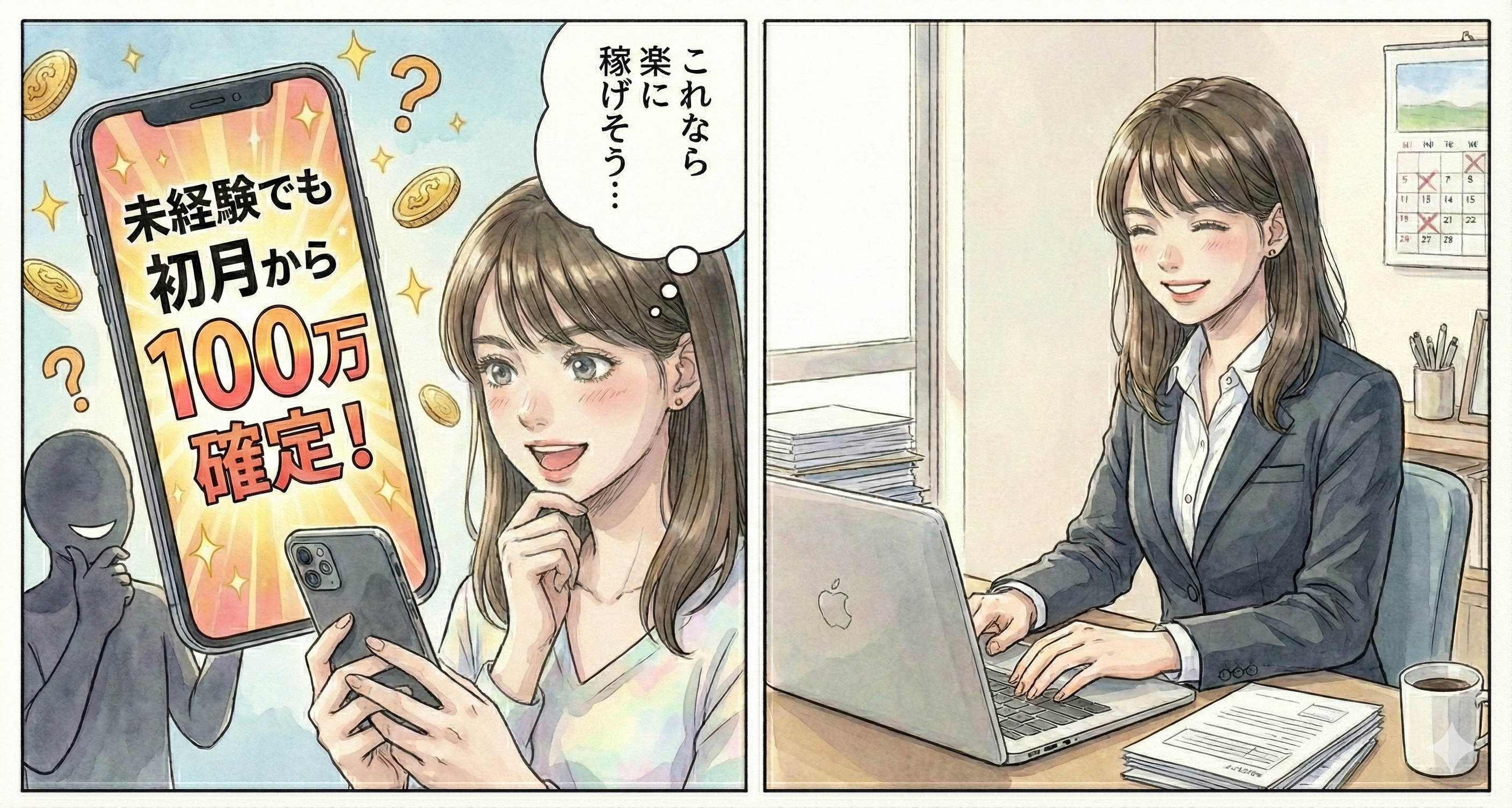 騙されそうになる女性と真剣に仕事をする女性のイラスト