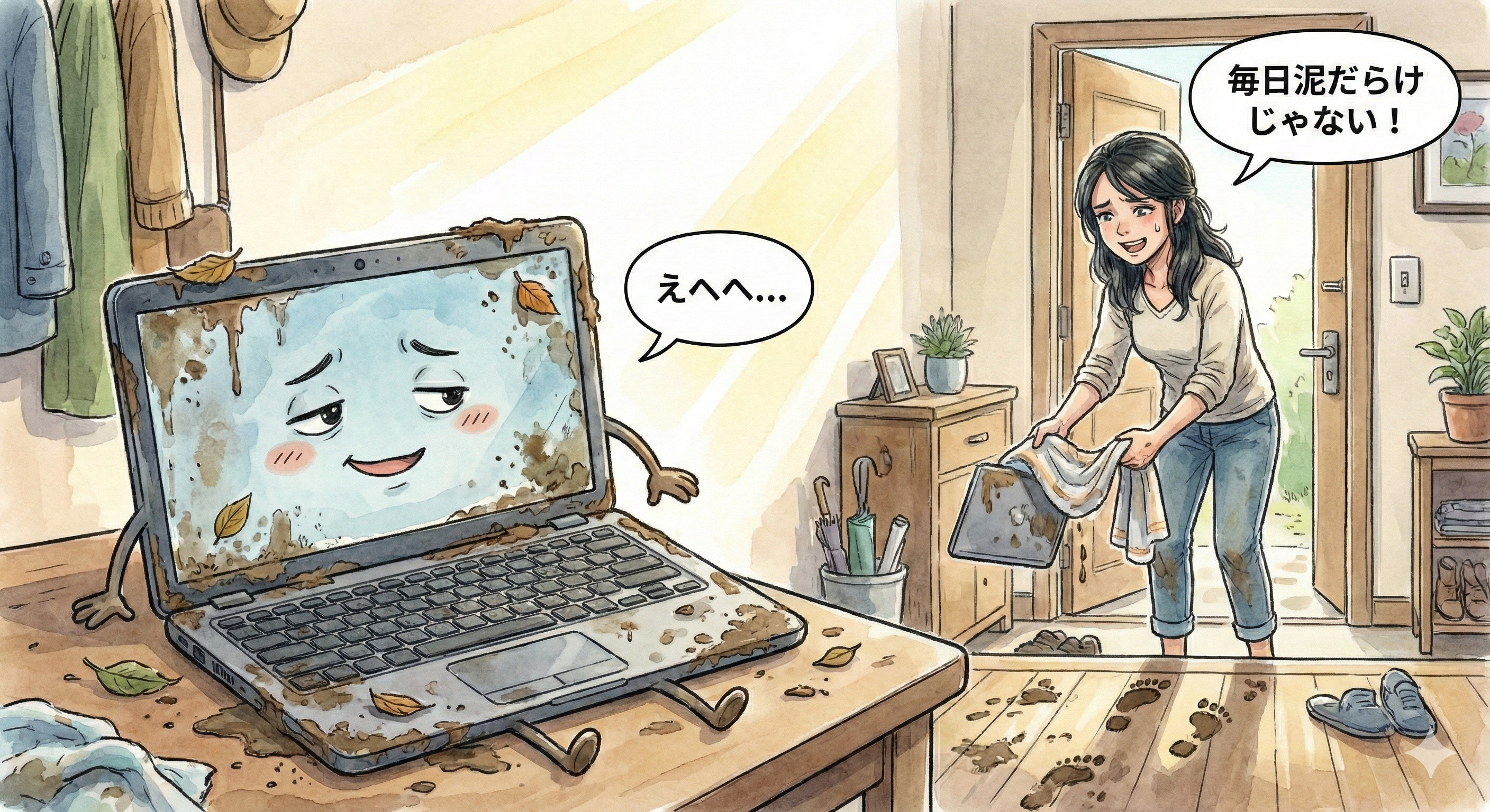 毎日泥だらけになって帰ってくるパソコンのイラスト