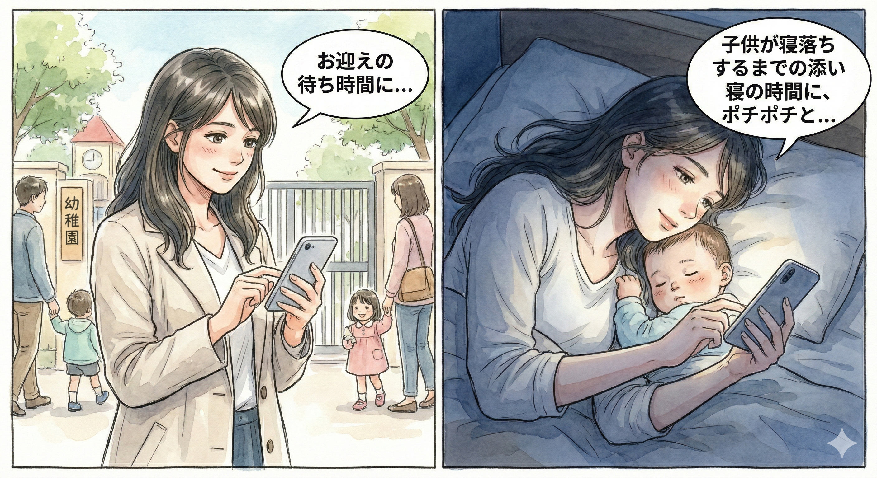 園児の送り迎えや寝かしつけの時にスマホで作業する主婦