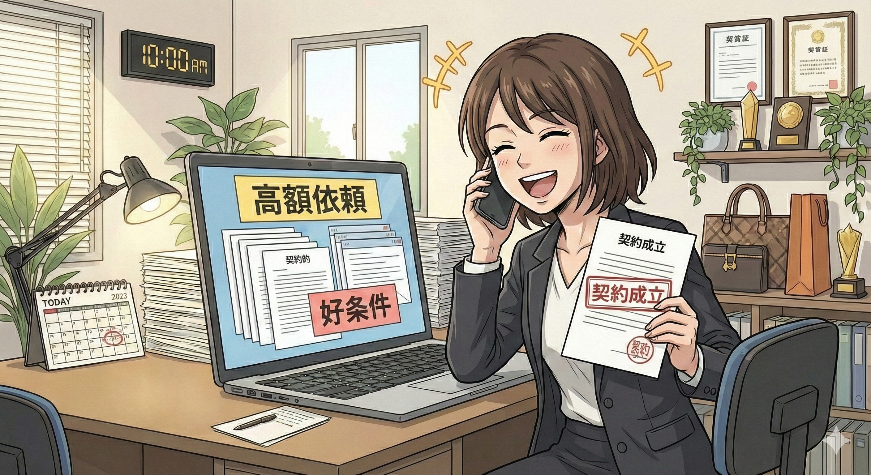 好条件の仕事の契約を獲得する女性のイラスト