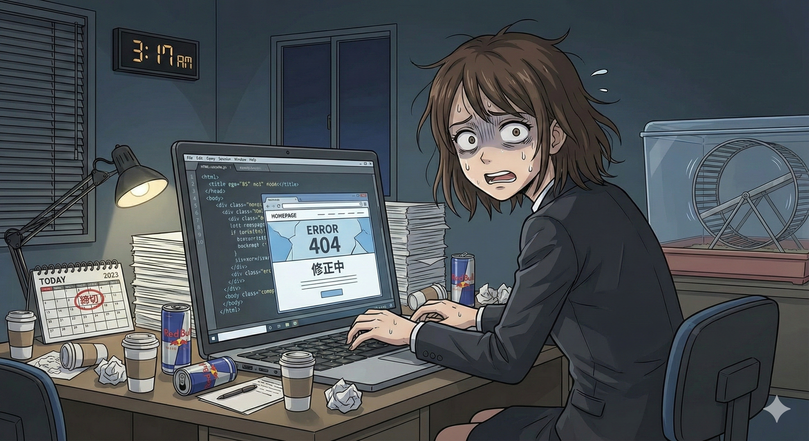 ホームページ制作のエラー修正を一人でなんとかしようとしている女性のイラスト