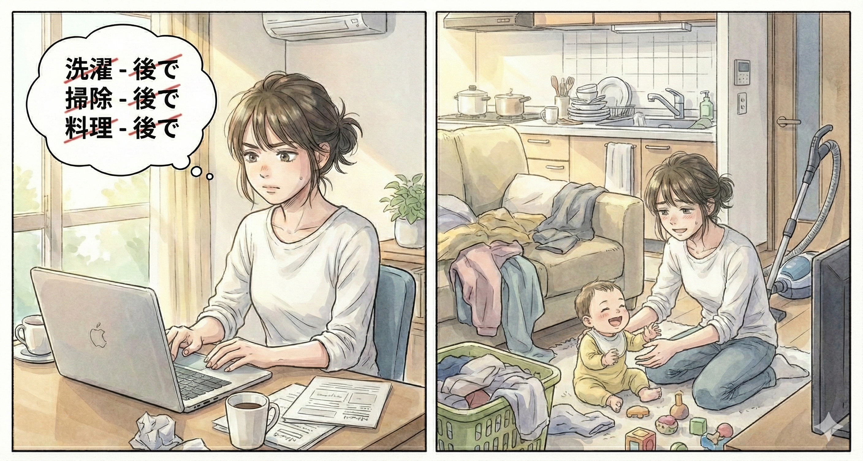 仕事中は他のことをしないようにして、仕事が終わったら育児に専念する女性のイラスト