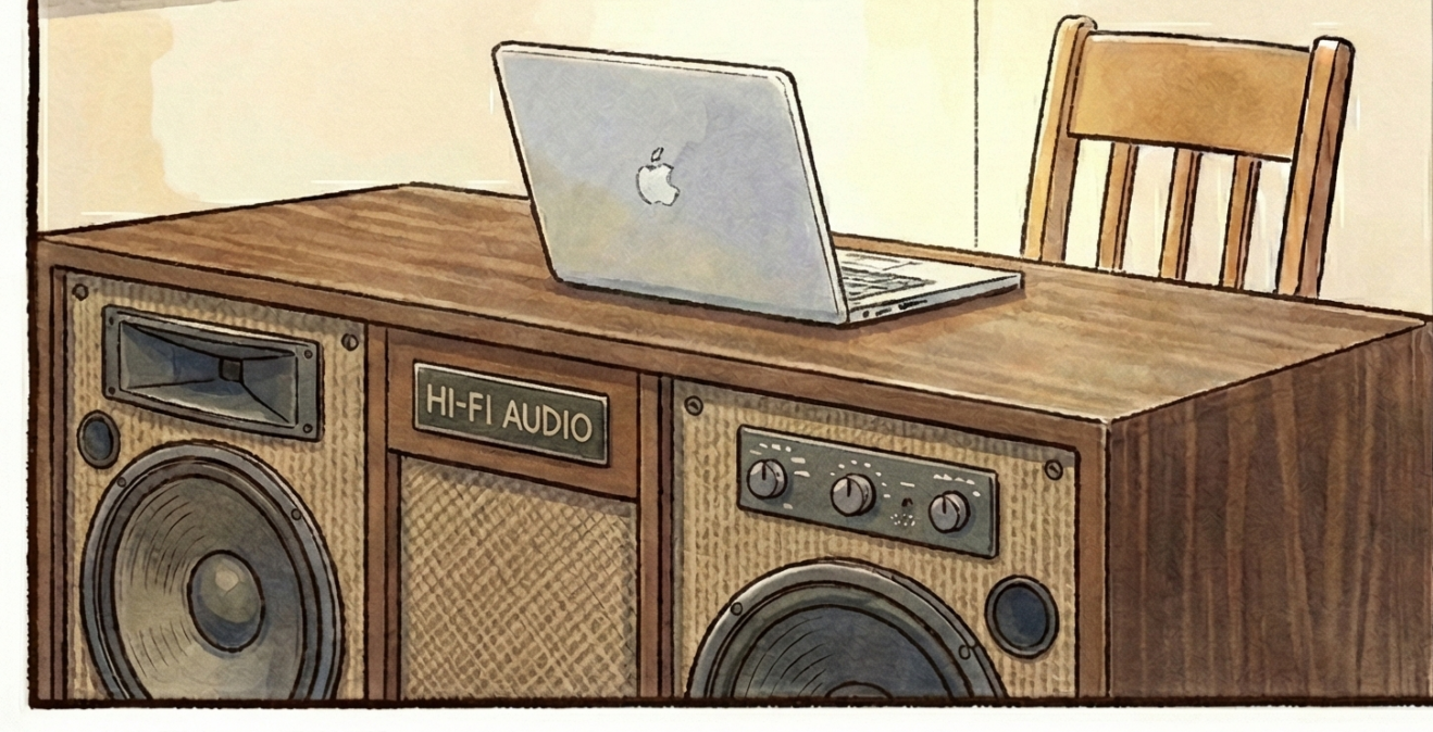 まるでオーディオの様なデスクのイラスト