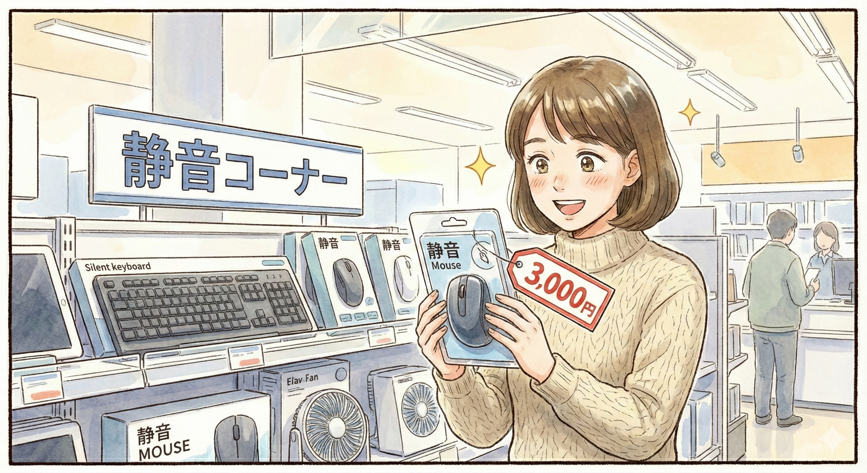 静音マウスを家電量販店で見つける女性のイラスト