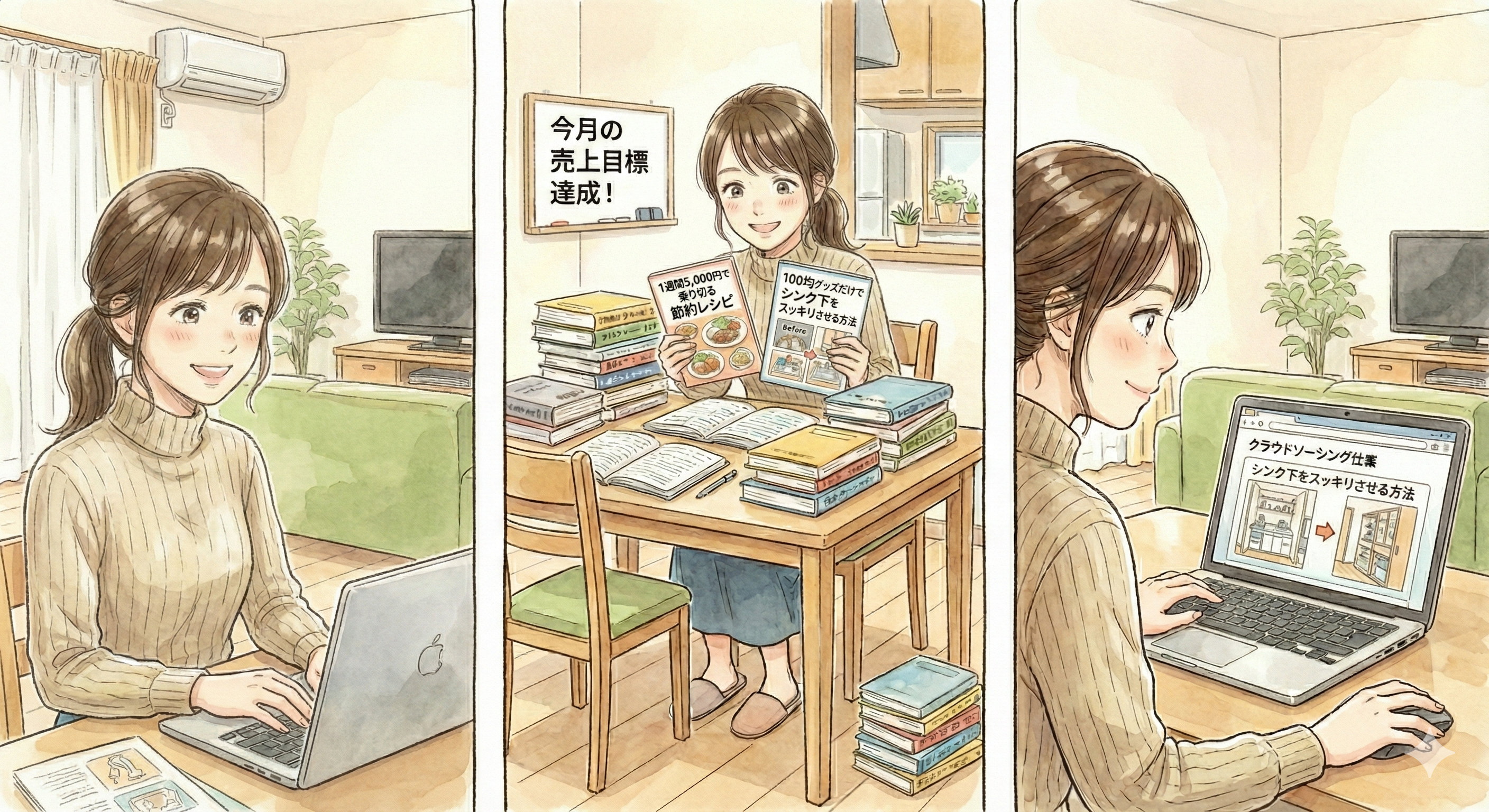 情報商材を作る女性のイラスト