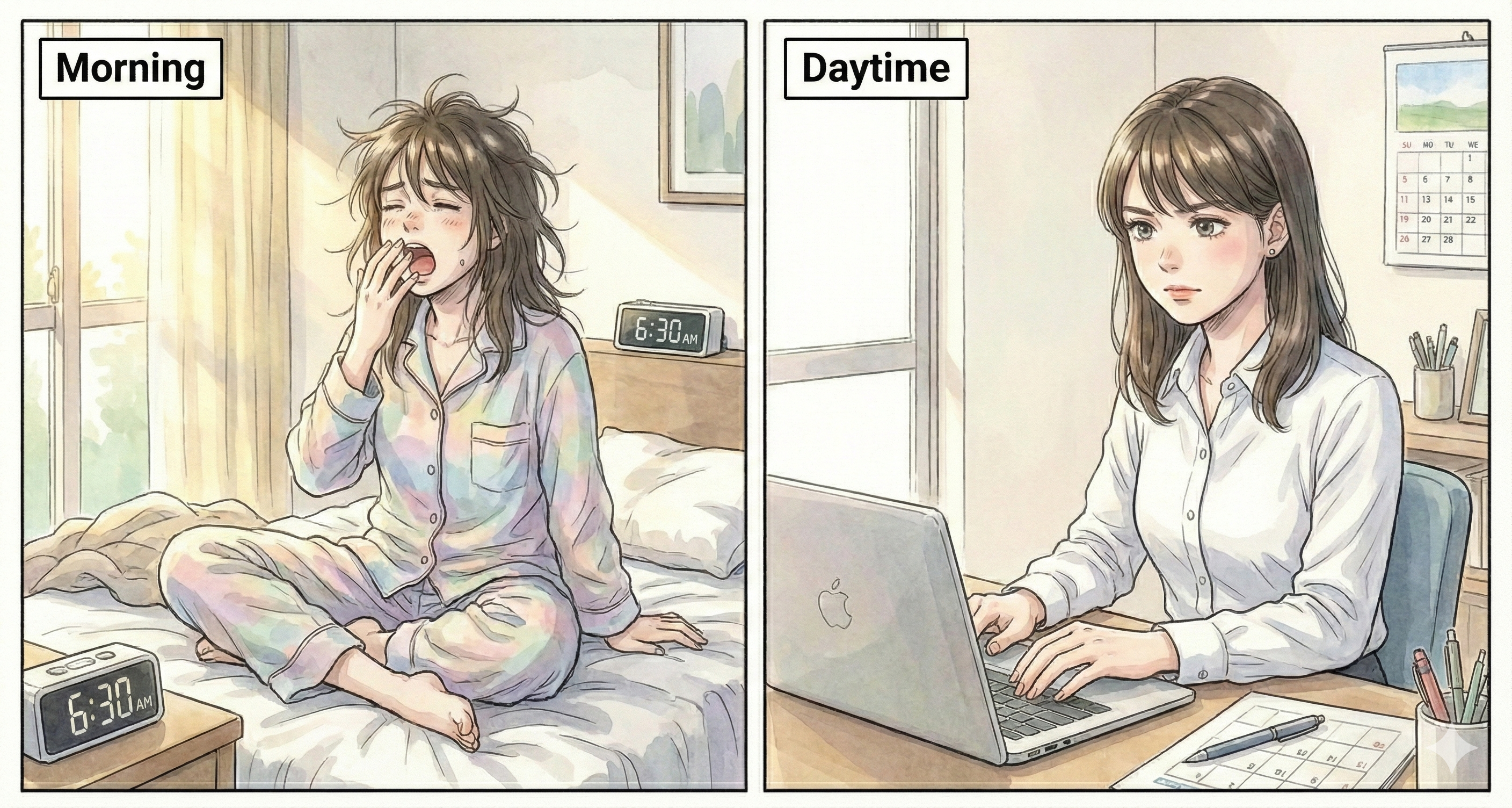 寝起きの様子と仕事の様子の画像