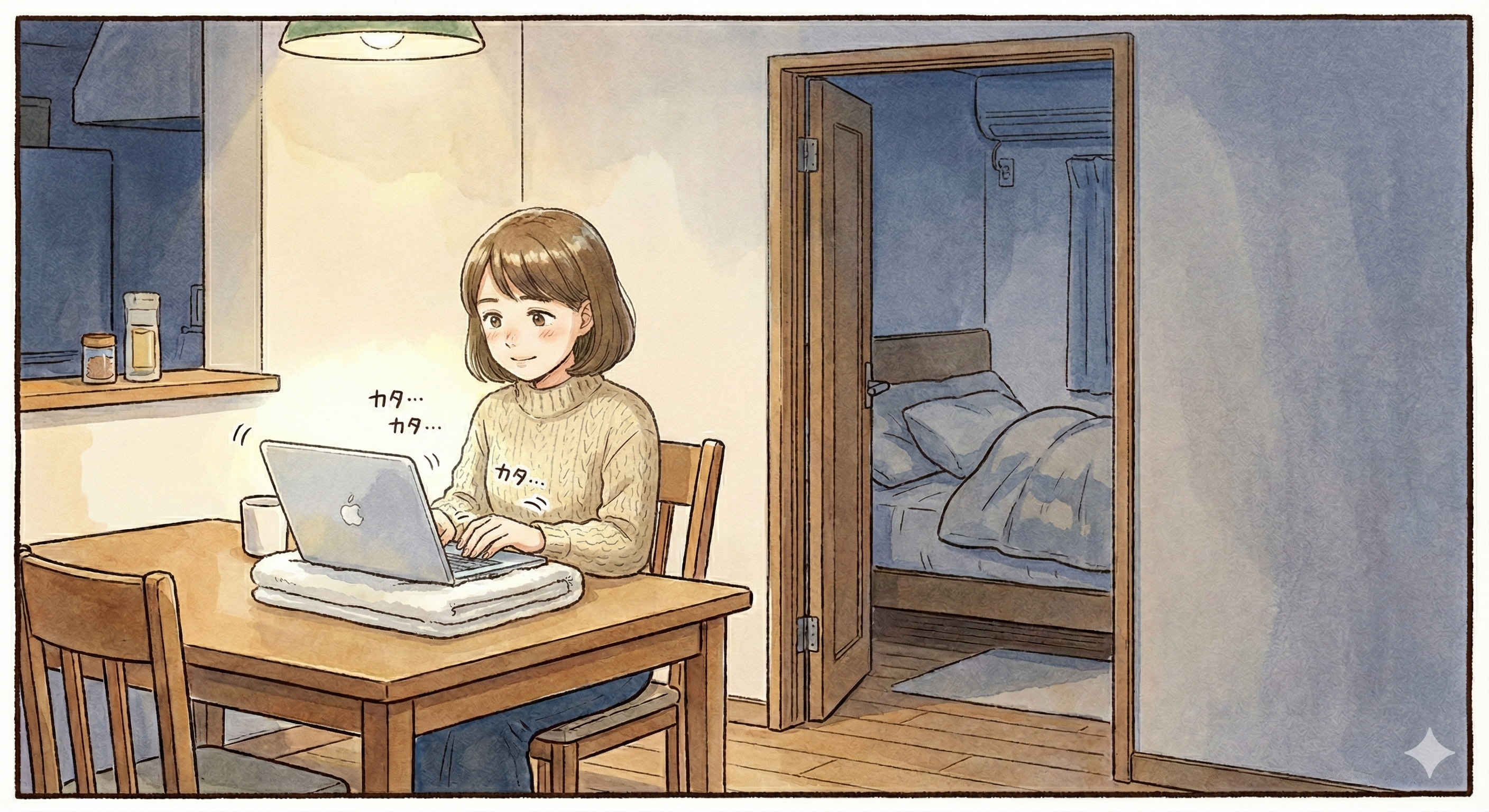 タオルを敷いてPCのキーボードを叩く女性のイラスト