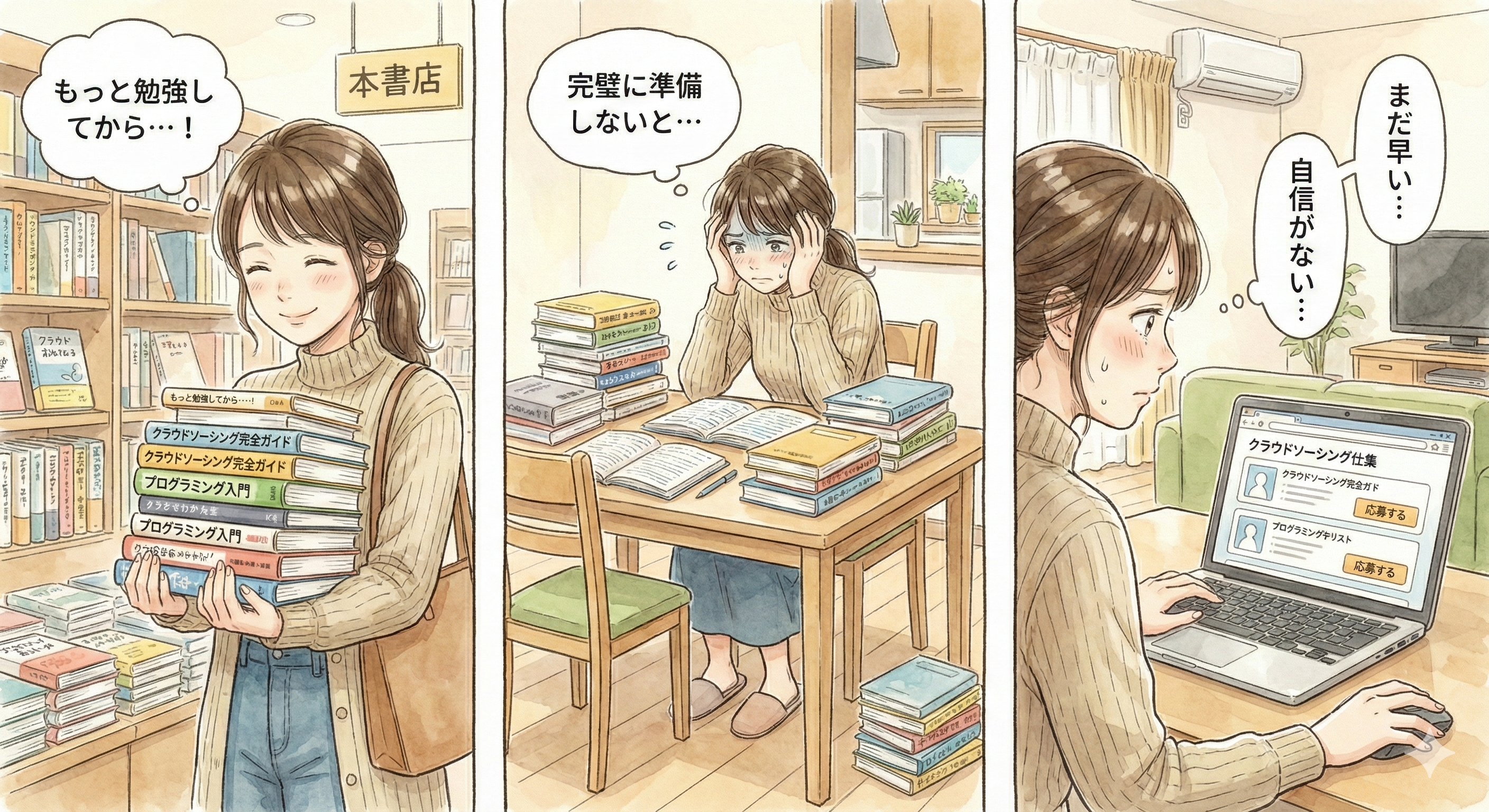 最初は勉強することにワクワクになるが、完璧主義すぎて仕事の応募もままならない様子のイラスト