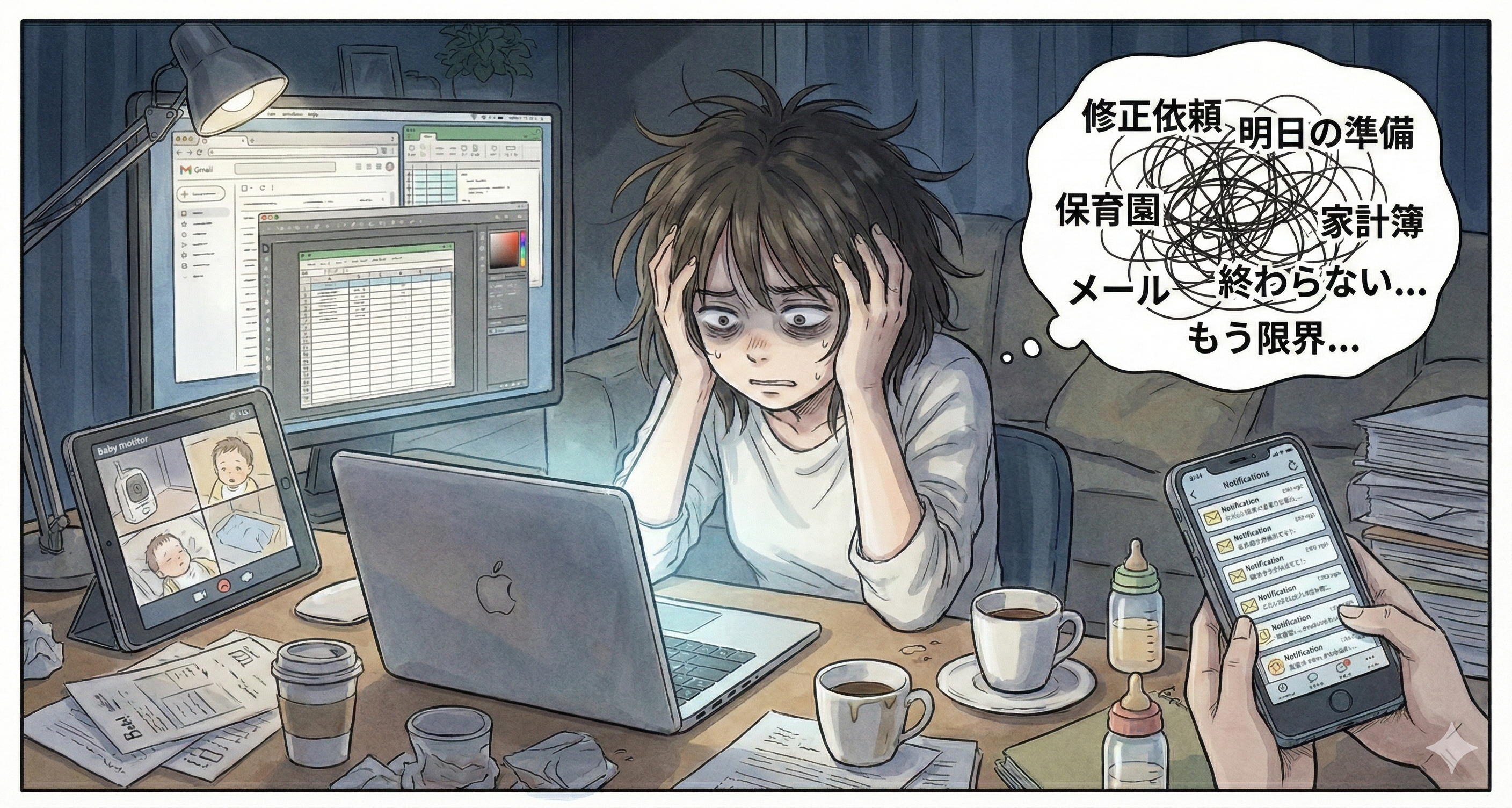 色んなことをやろうとして頭を抱え込む女性のイラスト