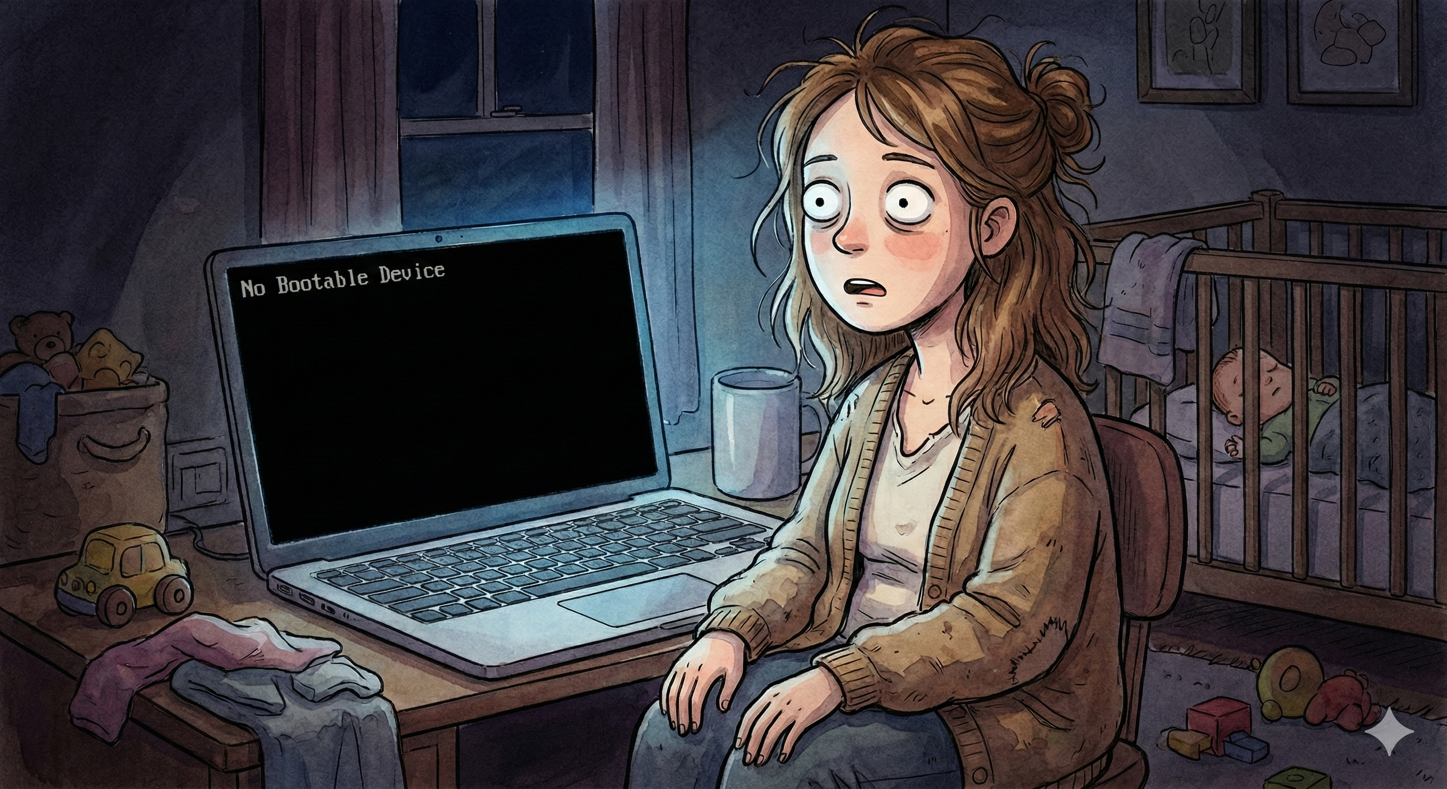 深夜のPCトラブルで絶望する在宅ワーカーの女性