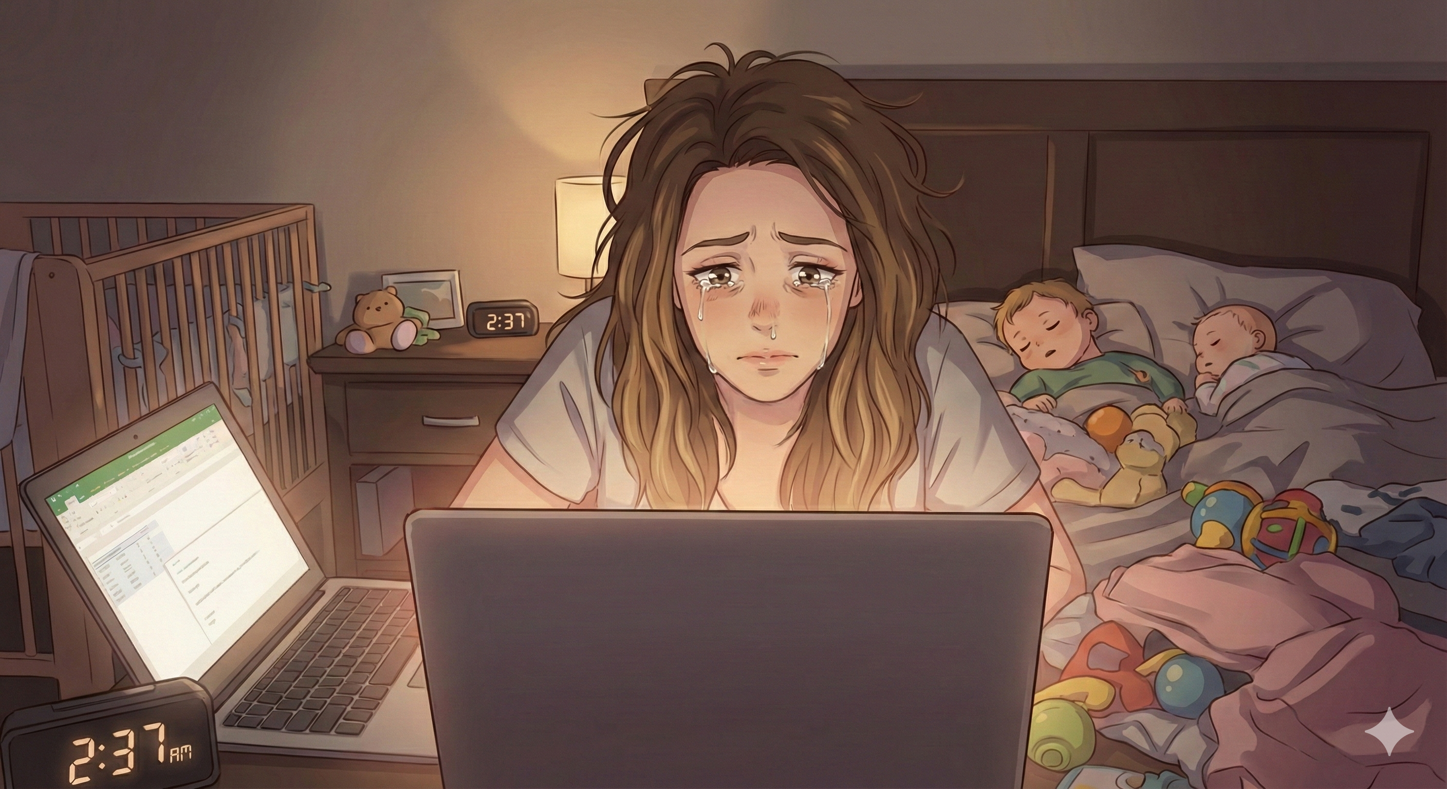 深夜に在宅ワークで疲れ果てた主婦の様子