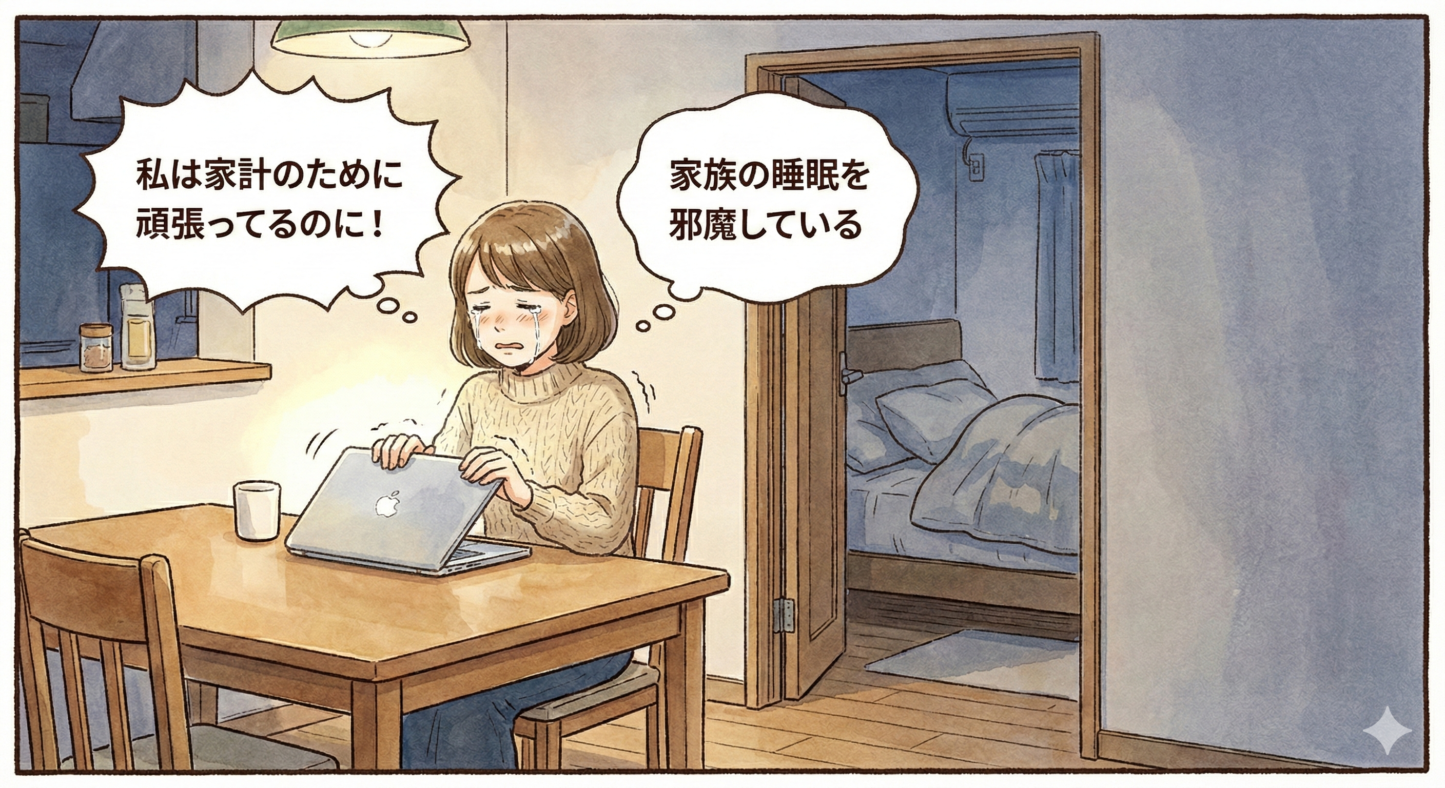 夫にイラつきながらも、迷惑かけてしまった感情が相まって泣く女性