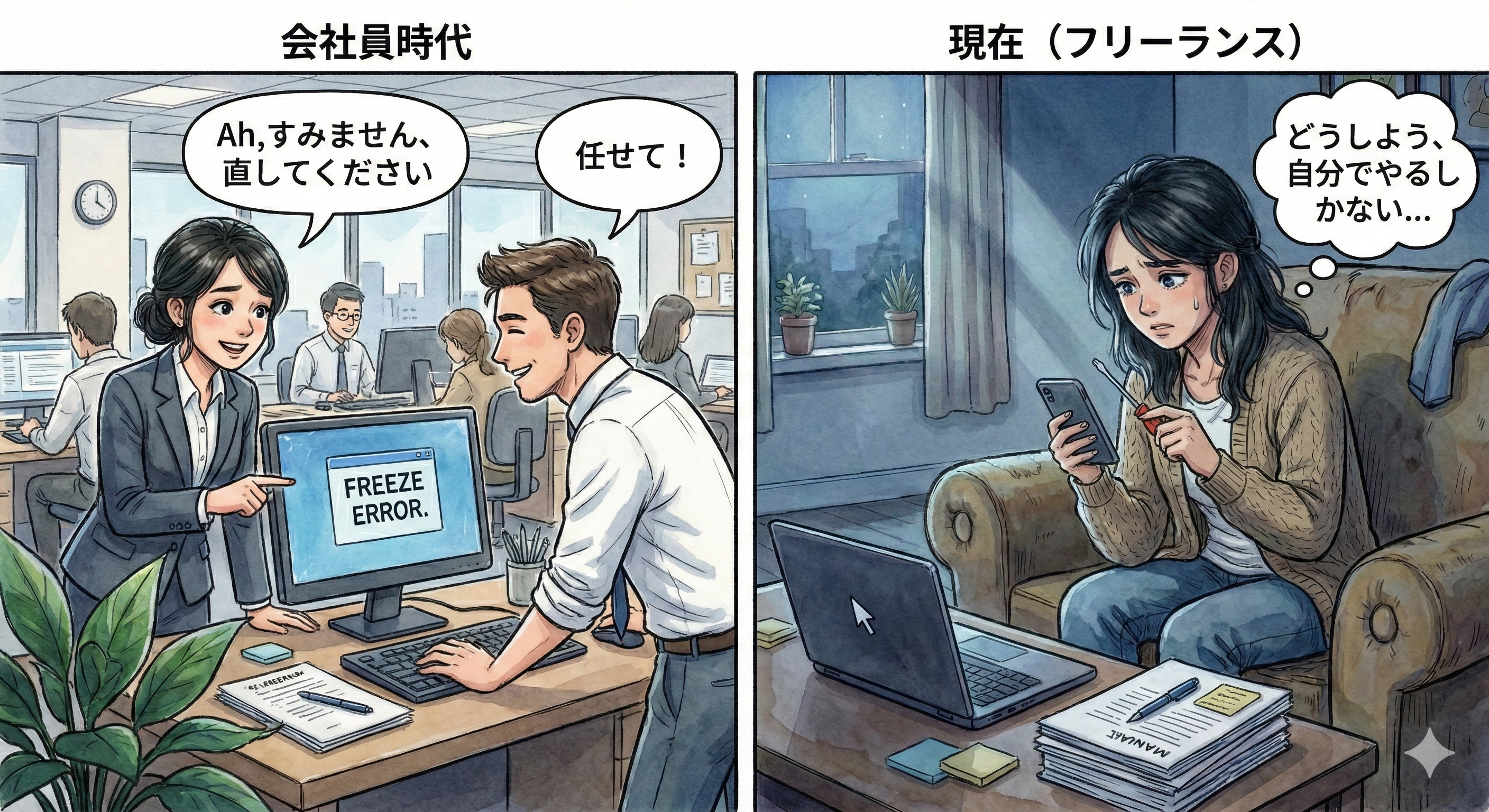 会社員時代とフリーランス時代の状況の違いを表したイラスト