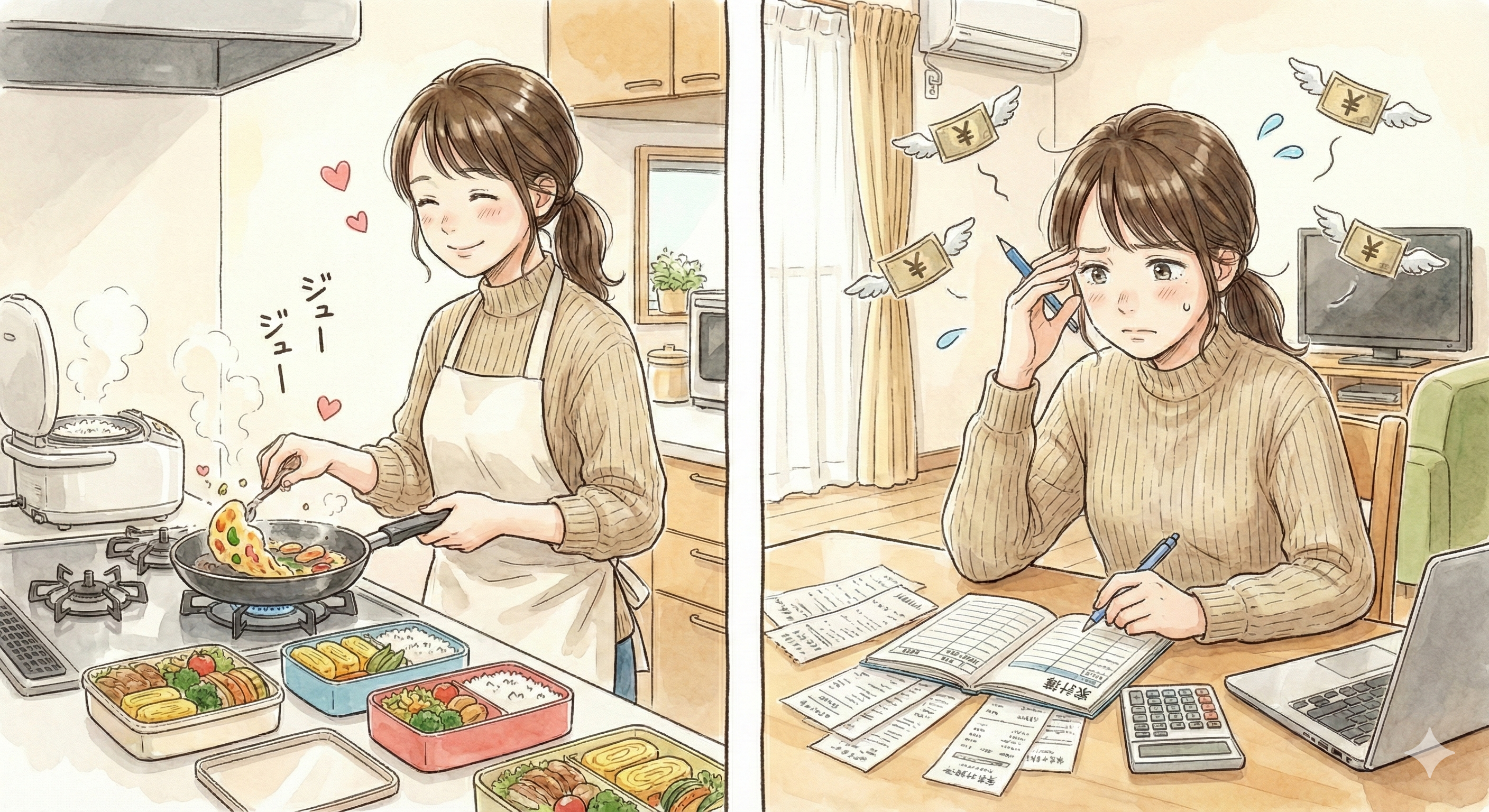 子供や自分のお弁当を作ったり、家計をやりくりしたりするイラスト