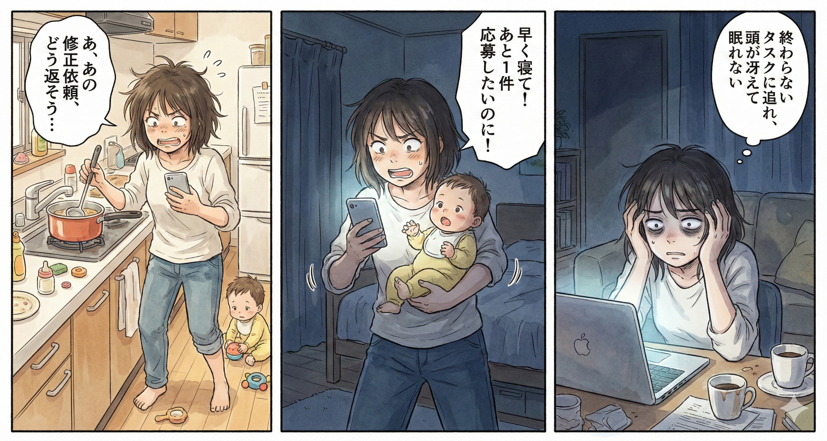 仕事に追われて家事や育児が片手間になる女性のイラスト