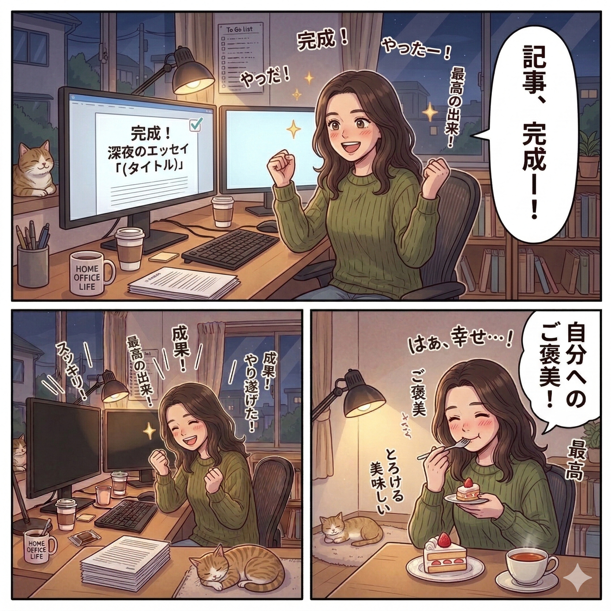 記事完成のご褒美にケーキを食べる女性のイラスト