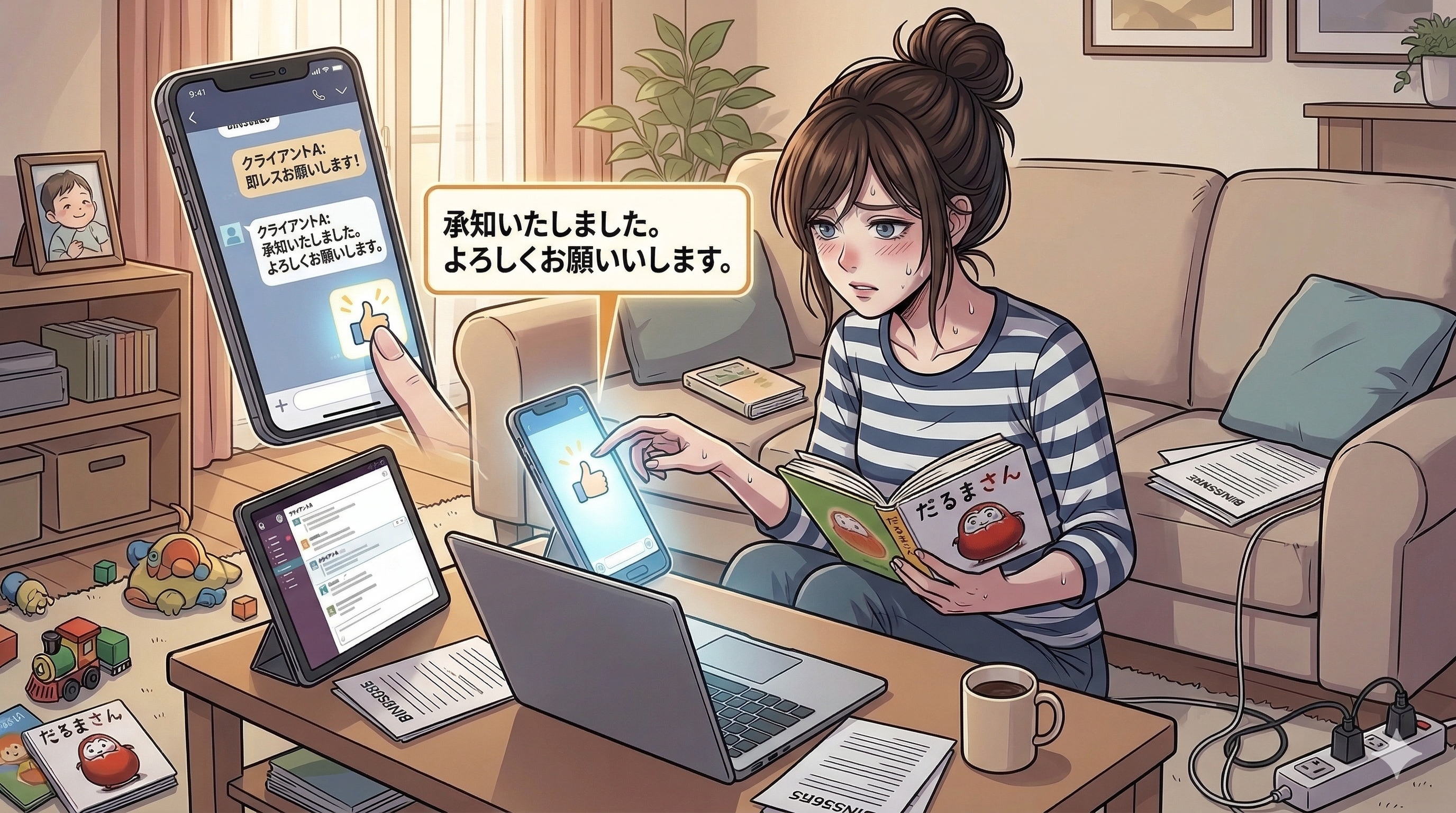 クライアントのチャットにグッドボタンを押す女性