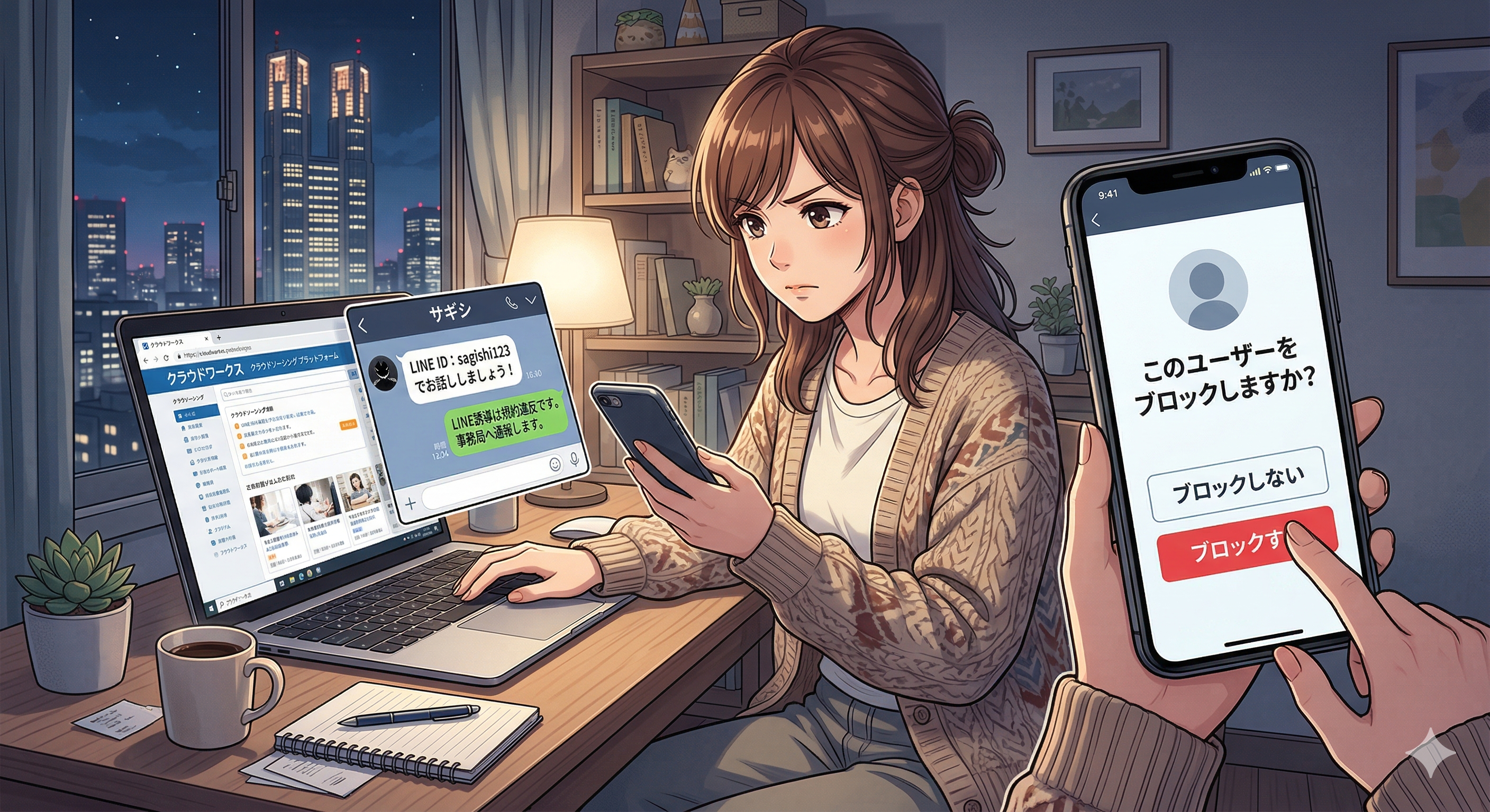 LINEに誘導してくる詐欺師をブロックする女性