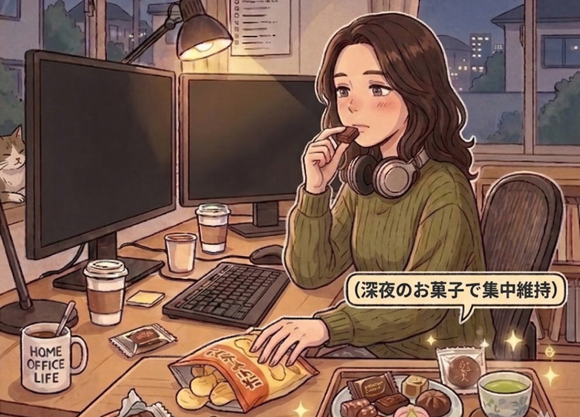 休憩中にお菓子を食べる女性のイラスト