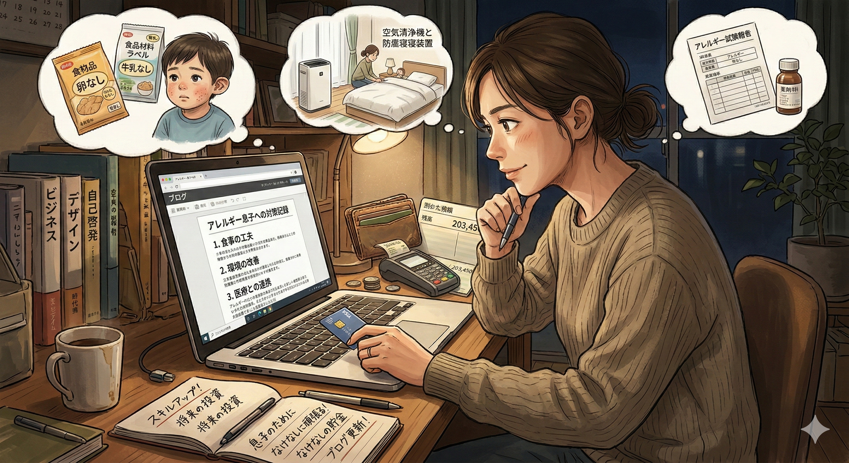 過去の経験をブログに書く女性のイラスト