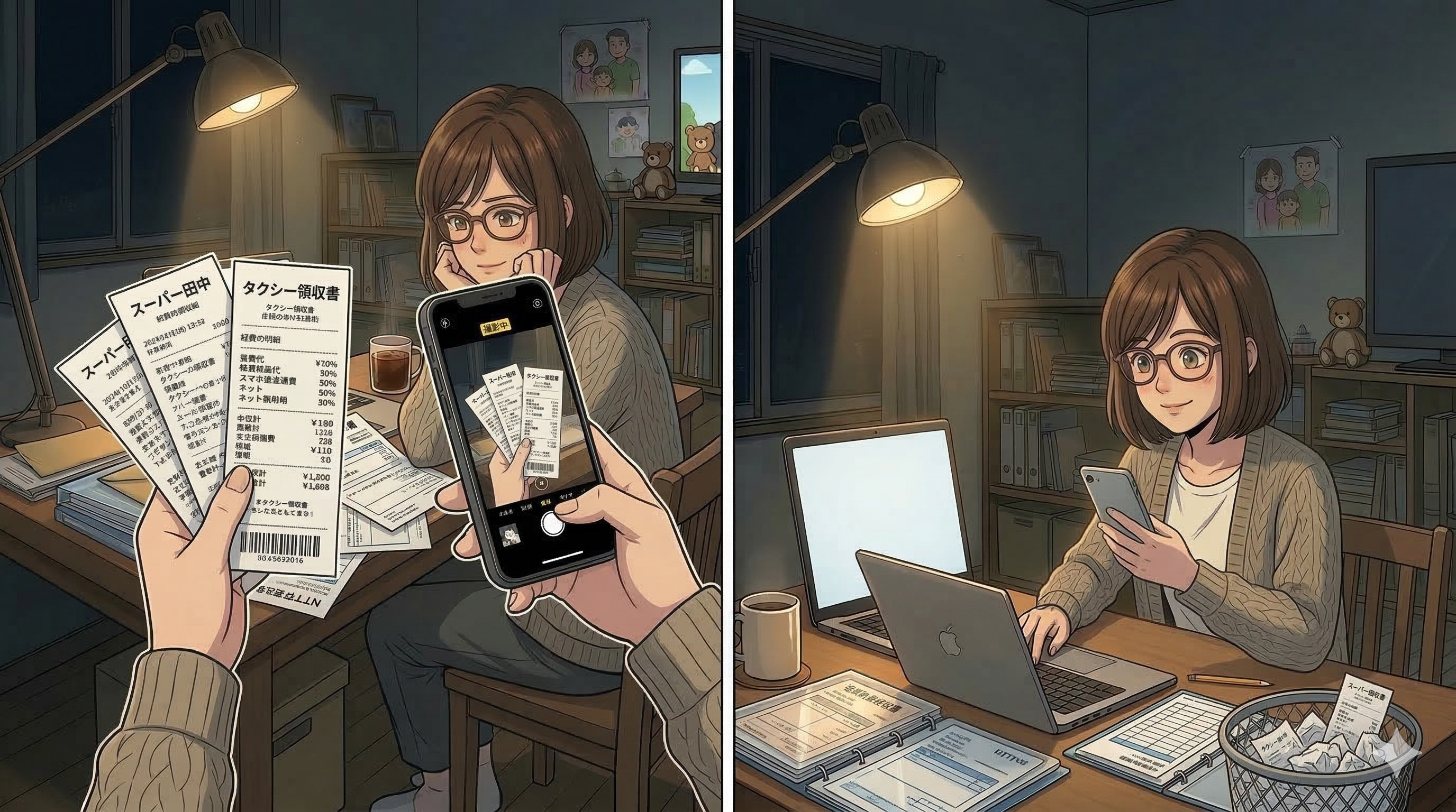 領収書をスクショする女性のイラスト