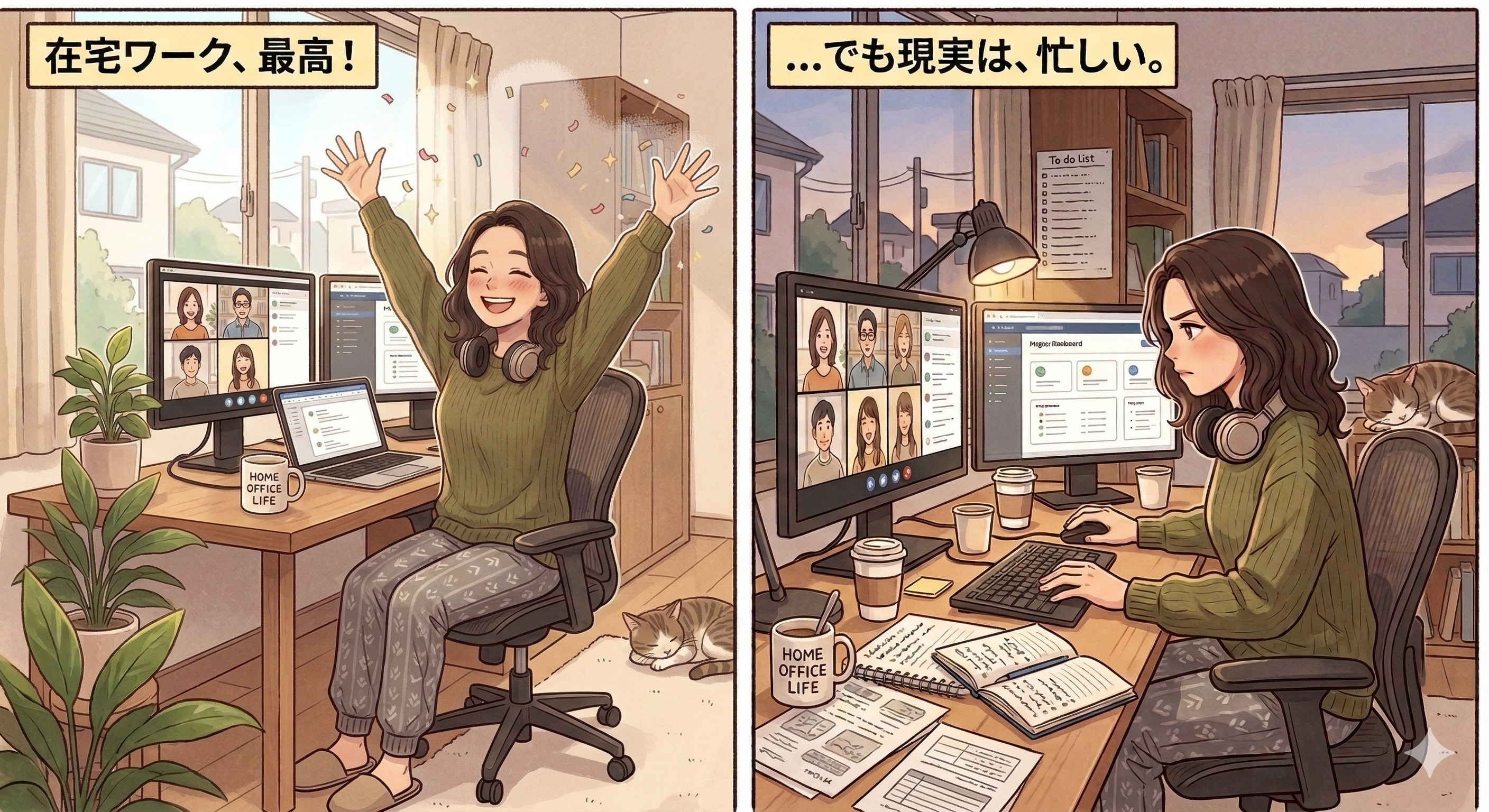 喜ぶ女性と集中する女性のイラスト