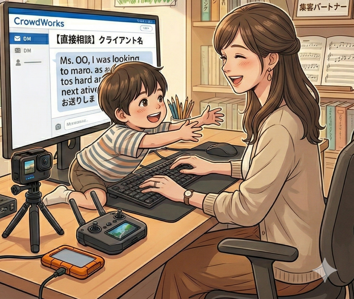 メールを打つ途中でも子育てする女性のイラスト