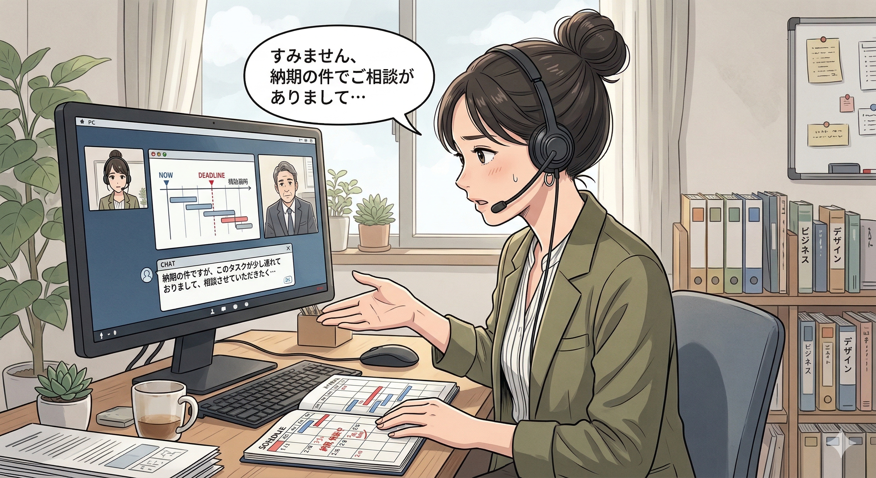 クライアントへ納期の相談をする女性