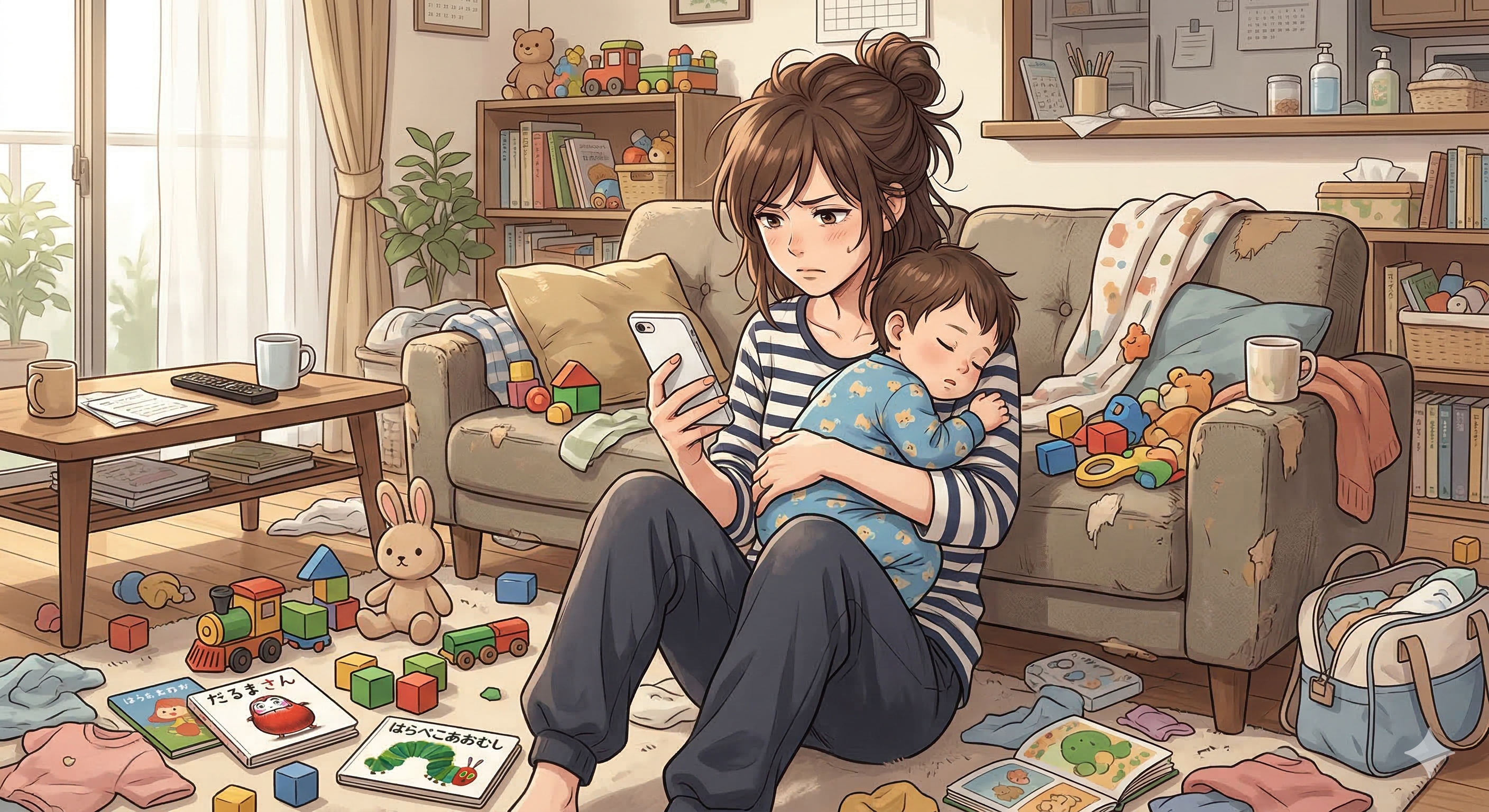在宅ワークの通知に追われ、育児中もスマホが手放せないママワーカー