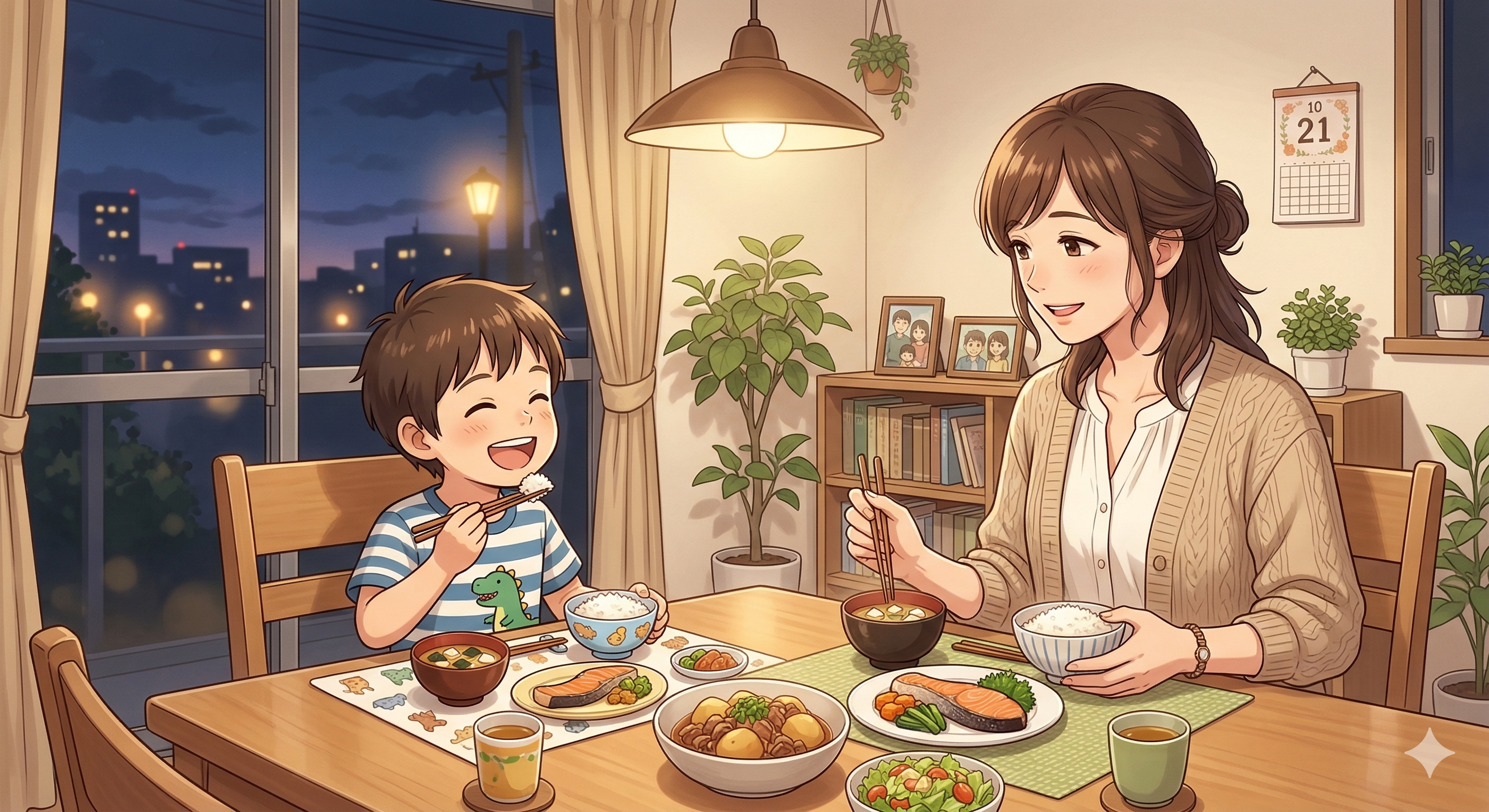 息子と夕食を食べる女性