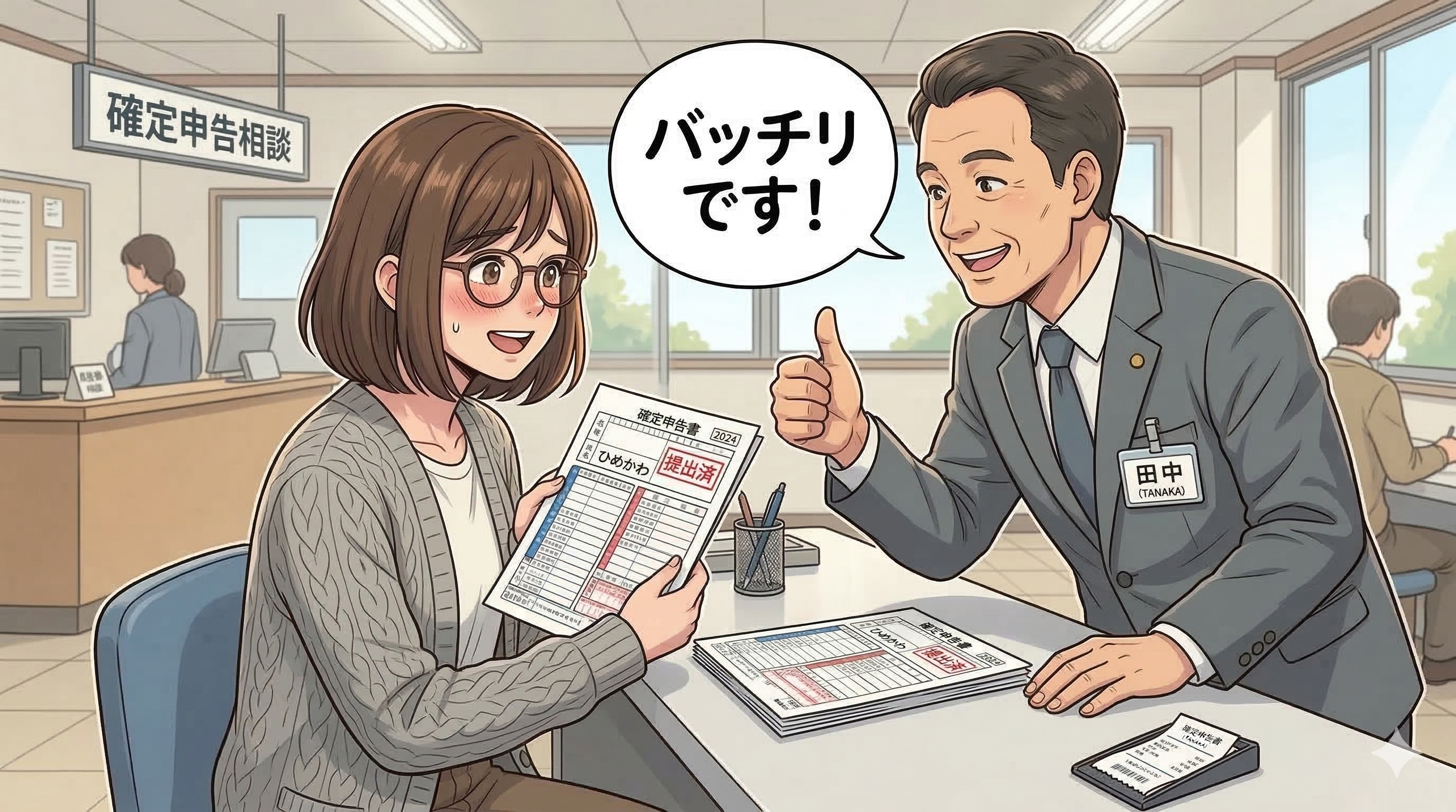 税務署職員に確定申告OKのサインをもらう女性