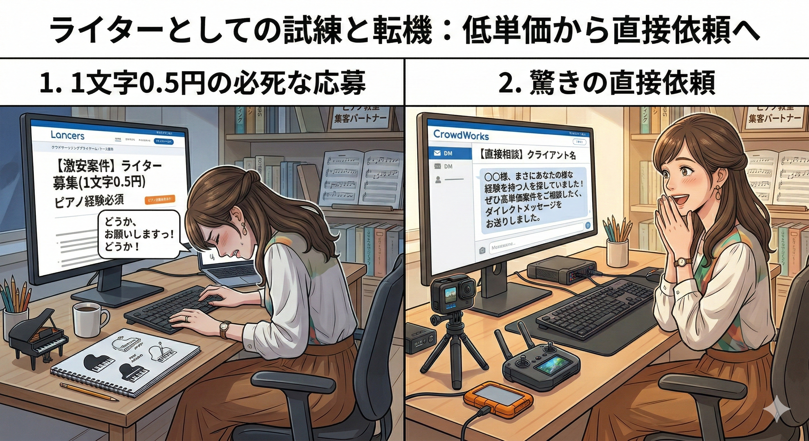 低単価で仕事を懇願する様子から逆に仕事の依頼が殺到する女性のイラスト